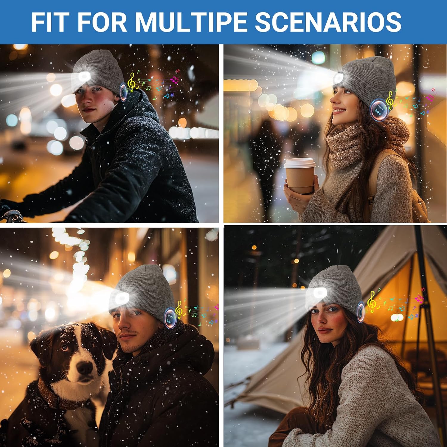 Rotibox Bluetooth Beanie with Light, Unisex USB Rechargeable 4 LED Headlamp Hat with Wireless Headphones - Image 6