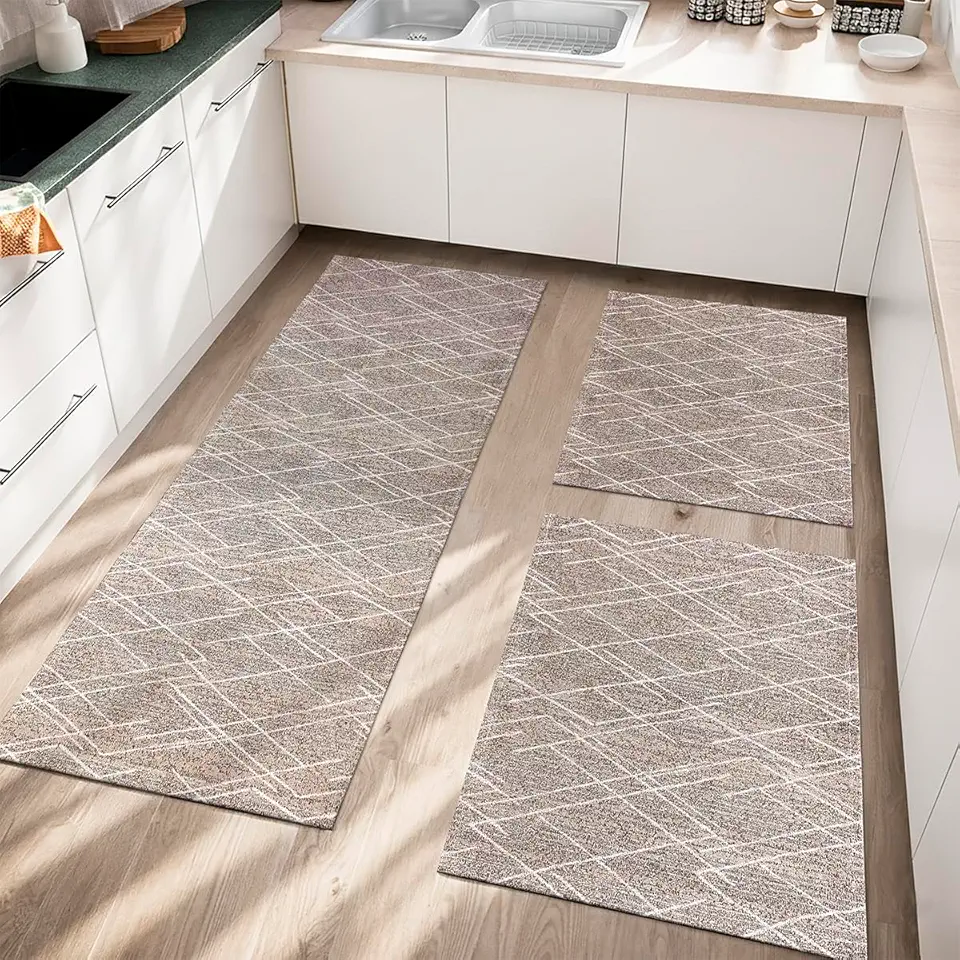 Tapete Kit Cozinha Conjunto Passadeira Capacho Jogo 2 peças e 3 peças Artesanal Tear Jacquard Antiderrapante Estampa Geométrico Marrom Rústico Decorativo (Conjunto 3 Peças)