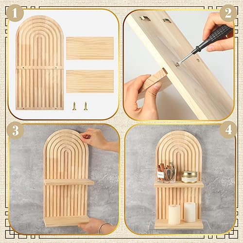 Miniatura 4 de Geetery 2 estantes flotantes de madera de arco de mediados de siglo, estantes de pared de arco iris, estante de pared bohemio retro montado en la