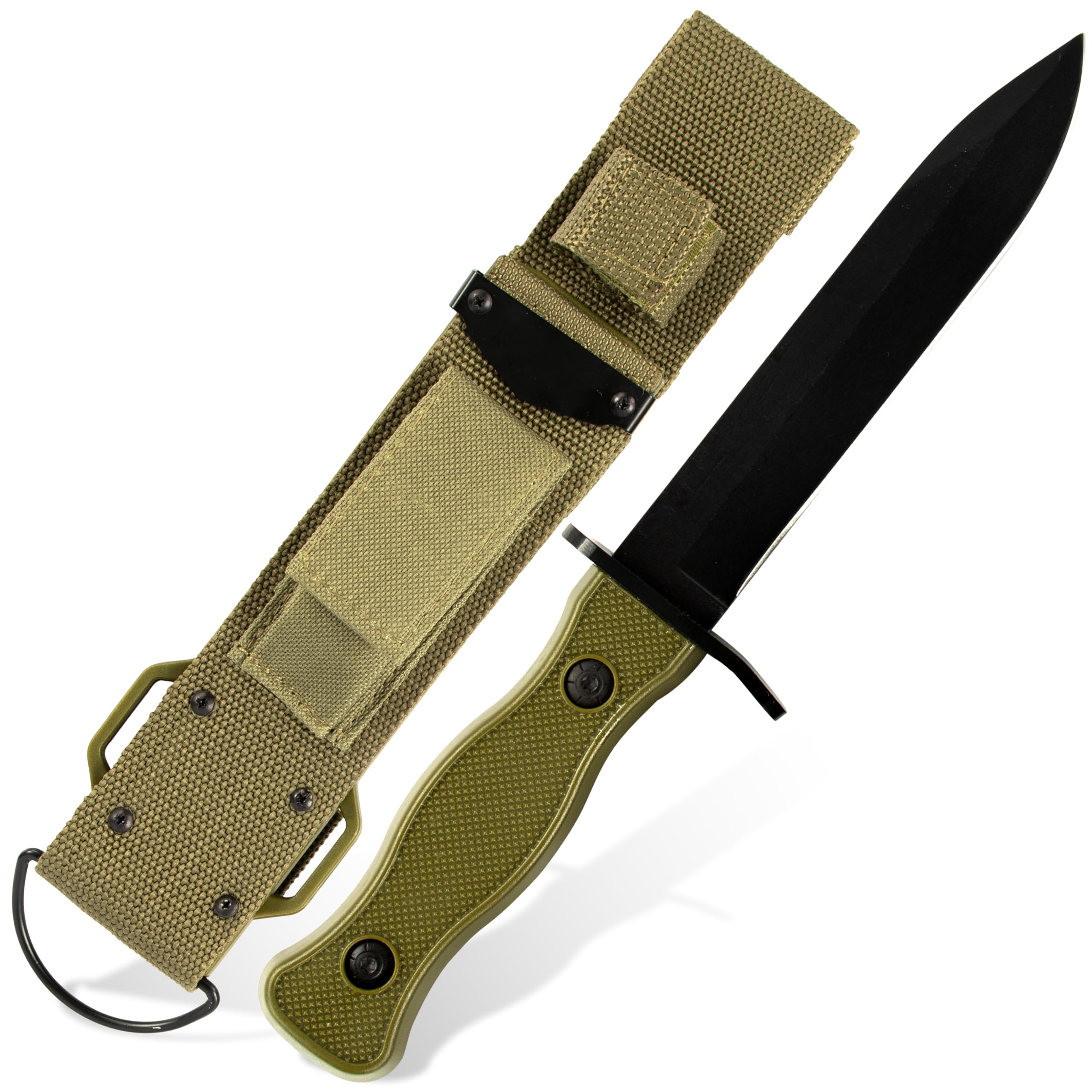 KOSxBO® BW Messer 26,5 cm - Multipurpose Militär Kampfmesser mit Schleifstein - taktisches Kampfmesser - Jagdmesser - Outdoor - Freizeitmesser grün schwarz - USA Knife