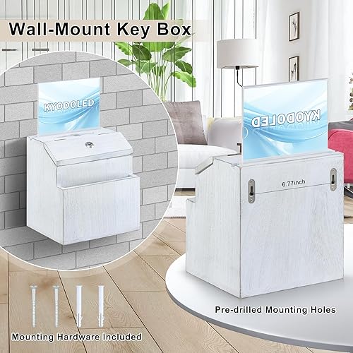 Miniatura 5 de KYODOLED Caja de sugerencias de madera con cerradura, caja de donación de urnas blanca rústica, caja de donación de llaves con soporte de letrero