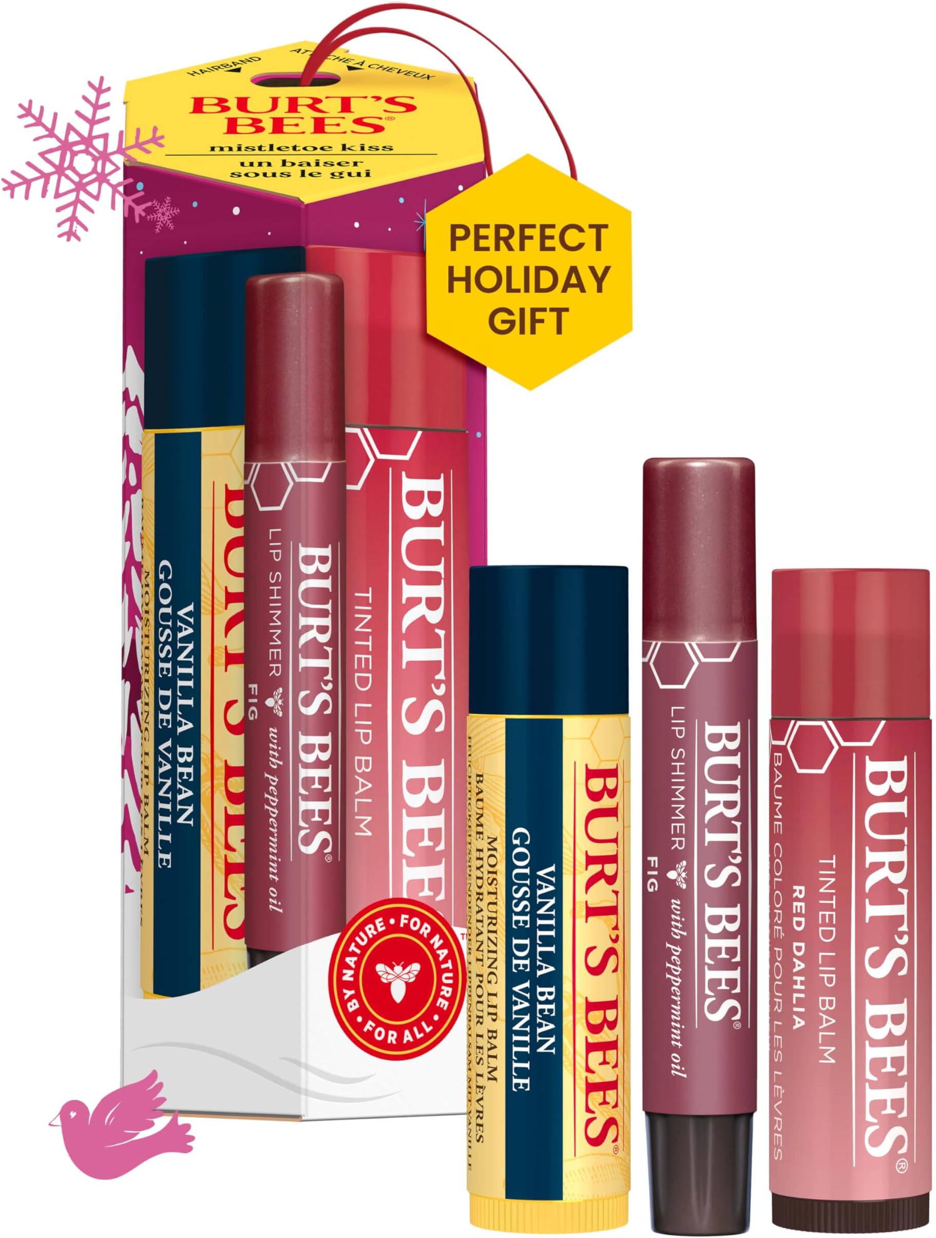 Christmas Gifts, 3 Lip Care Stocking Stuffers Products, Mistletoe Kiss Set - Vanilla Bean Moisturizing Lip Balm, Red Dahlia Tinted Lip Balm & Fig Lip Shimmer Oil Stick (3-Pack)
