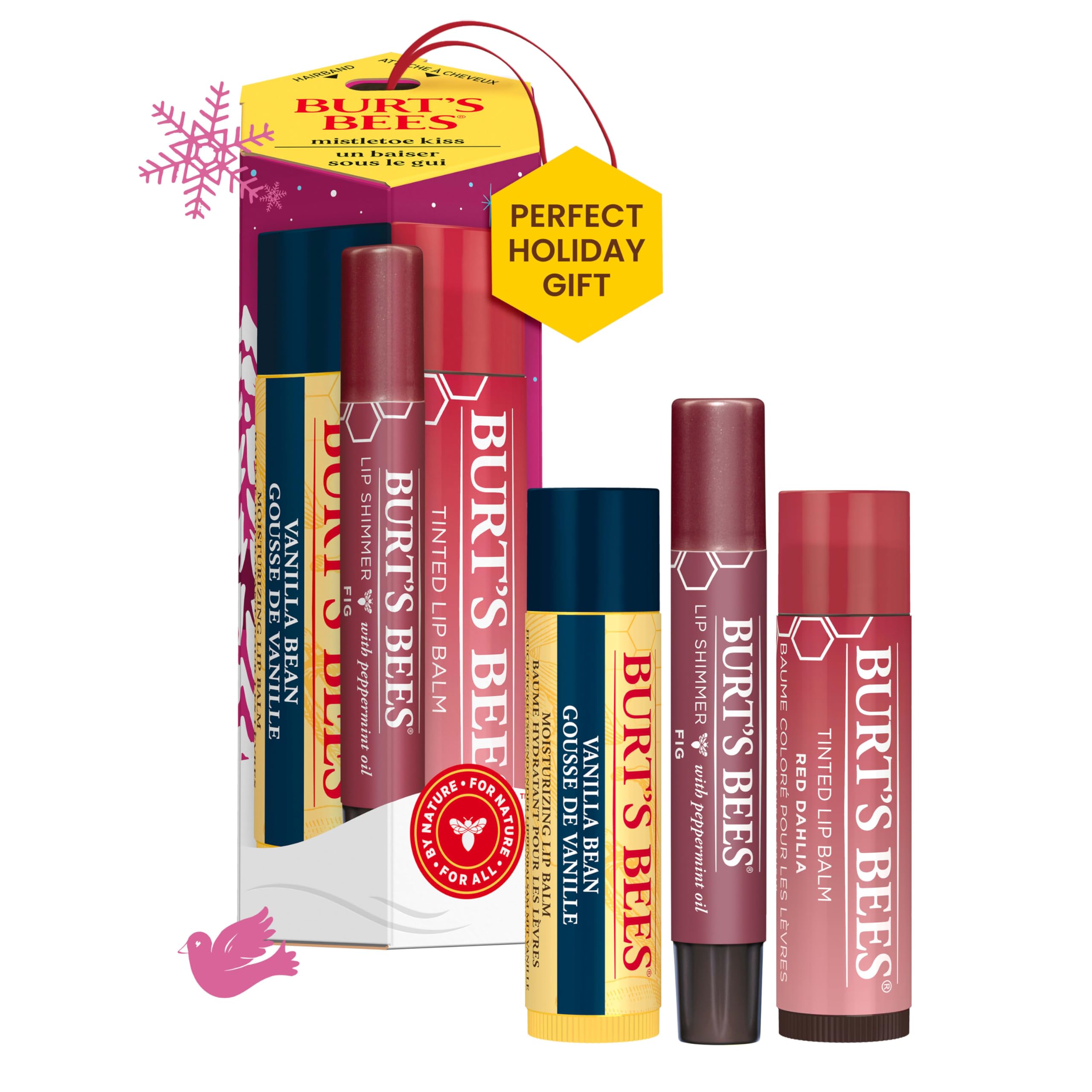 Burt's Bees Christmas Gifts, 3 Lip Care Stocking Stuffers Products, Mistletoe Kiss Set - Vanilla Bean Moisturizing Lip Balm, Red Dahlia Tinted Lip Balm & Fig Lip Shimmer (3-Pack)