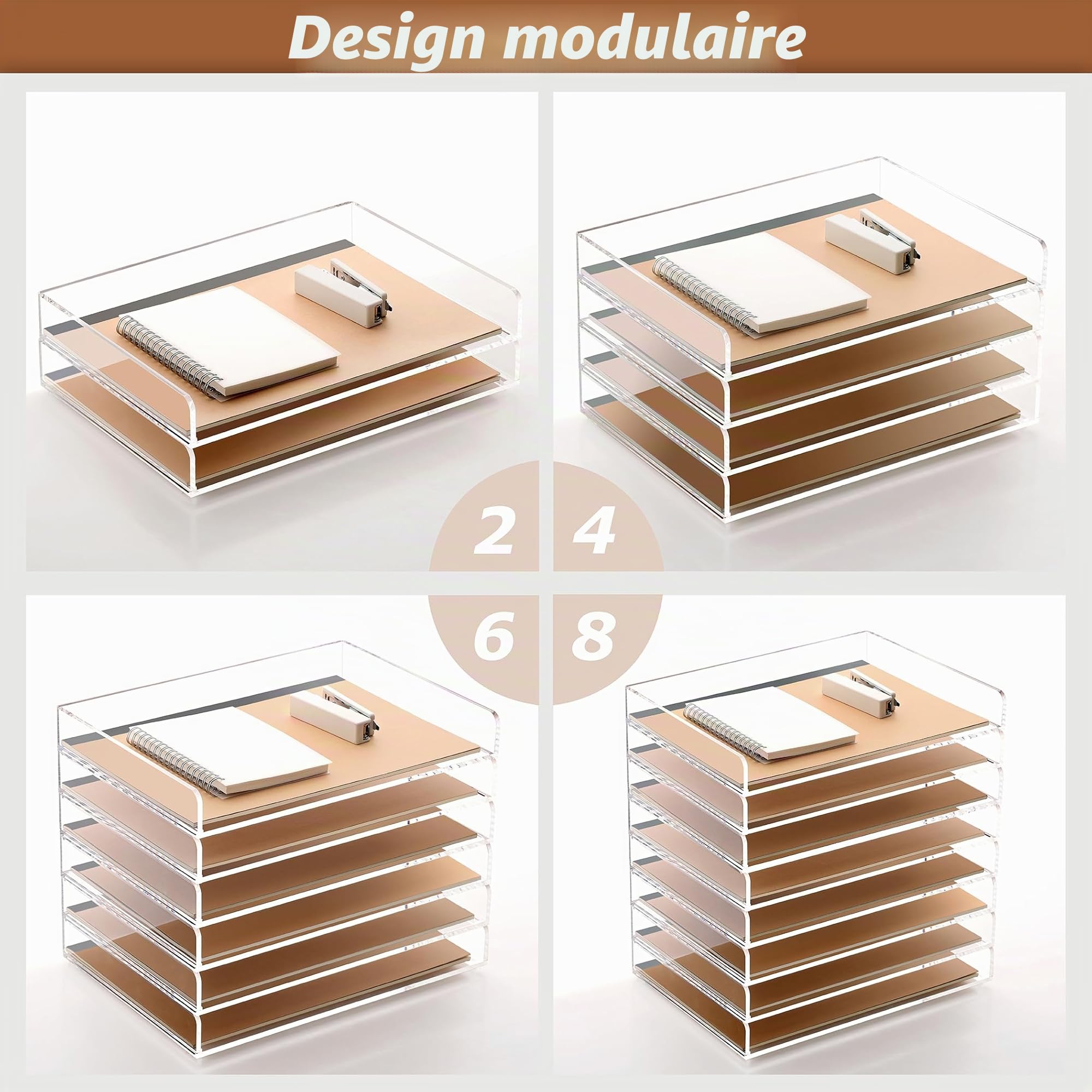 SANRUI Corbeilles à courrier 2 Pièces,Acrylique Organisateur de Bureau empilable,Plateau de Bureau en Transparent,Bacs à Documents pour Le Bureau, l'école, l'étude