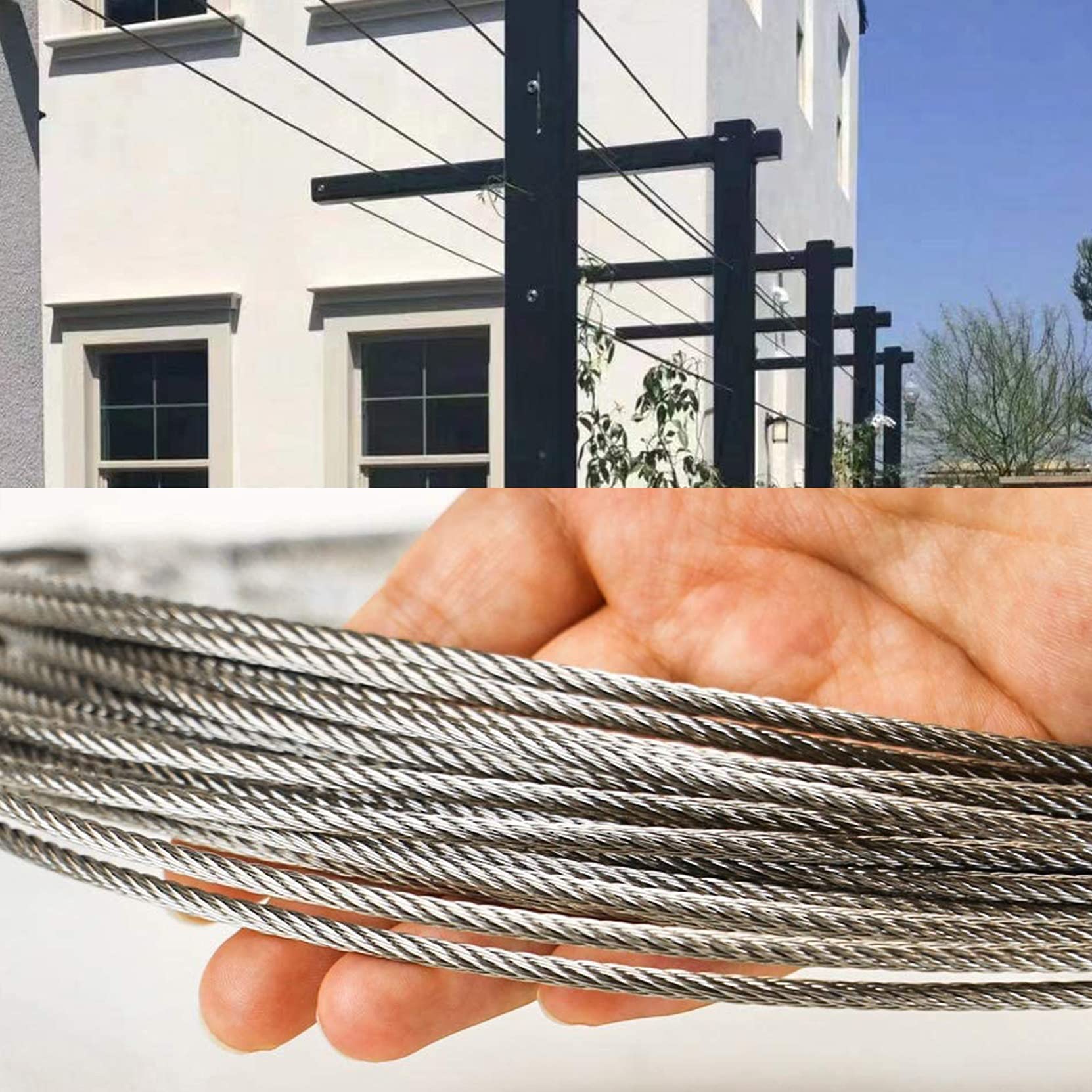 Cable Inox,Cable Acier Câble en acier inoxydable T316 1/8 "Câble d'avion 50m pour la garde-corps 7 x 7 Strands Construction Rust Fil Corde(3mm 50M)