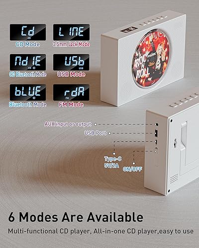 Miniatura 7 de Boombox reproductor de CD con Bluetooth, radio FM, USB, entrada auxiliar, conector para auriculares, compatible con CD-RRW y MP3, sonido claro y