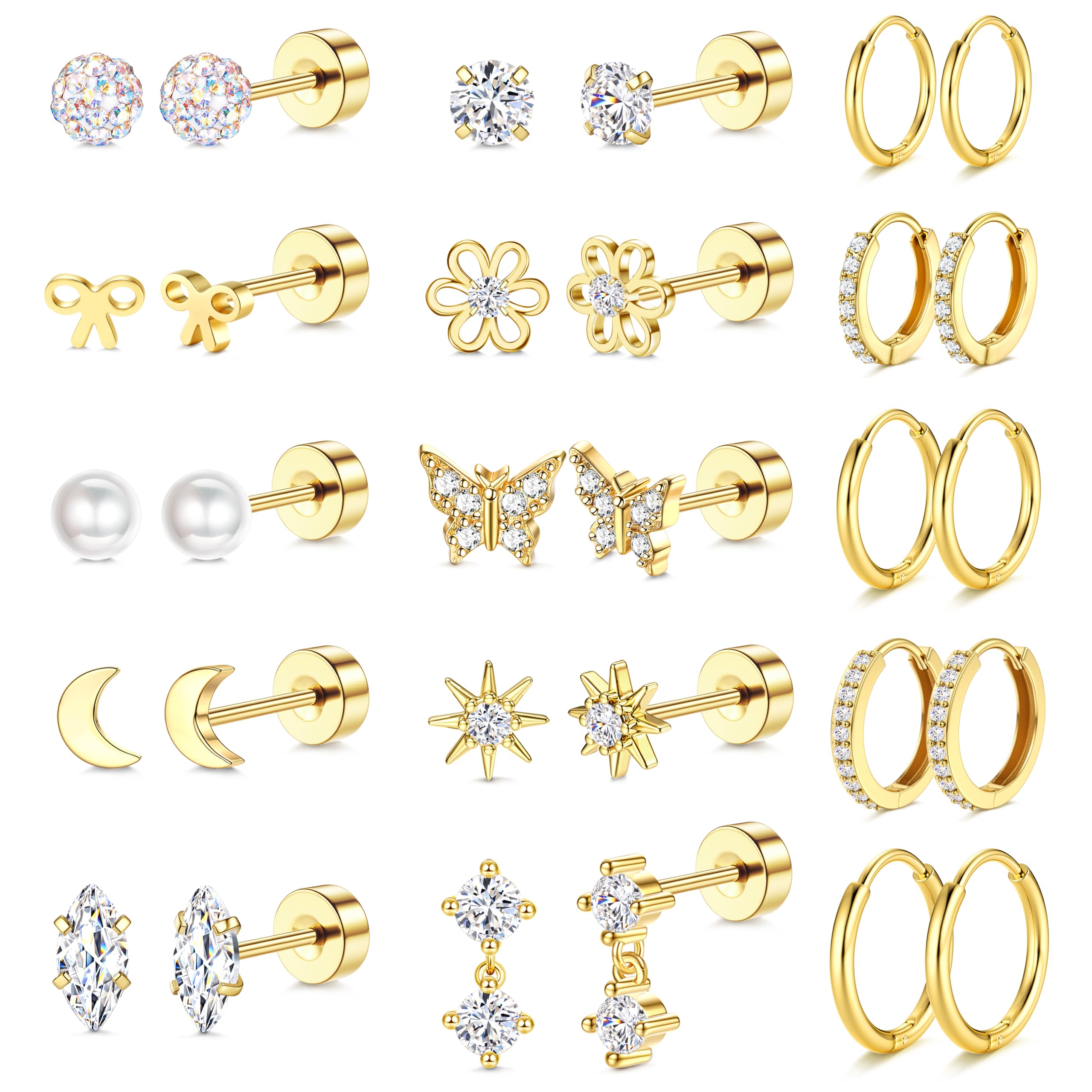LOLIAS 14K Gold Plated Flat Back Earrings - Hypoallergenic Surgical Stainless Steel Stud Hoop Earrings for Women Girls Cute Stud Earring Set Small Huggie Hoops Cartilage Earring Stacks