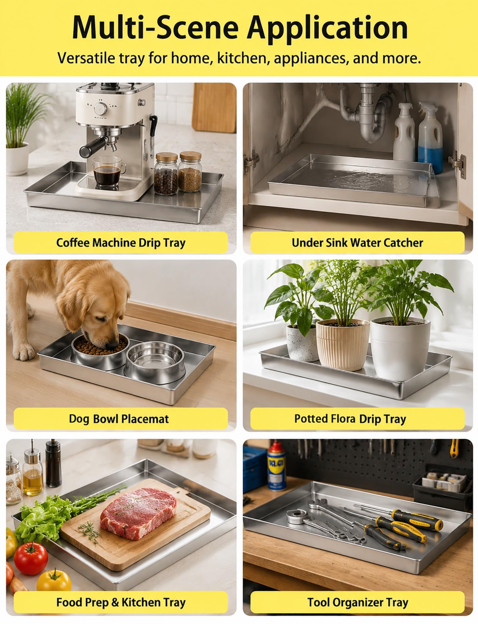 Bandeja recogedora inox 201, rectangular para cocina y equipos | Bandeja antigoteo con bordes elevados for uso en cafeteras, gabinetes, mostradores y equipos(400X400X50mm)