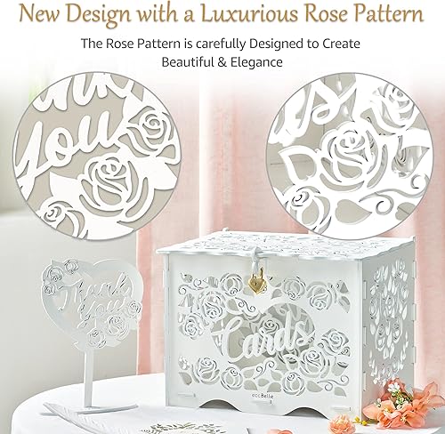 Miniatura 3 de Caja de madera para tarjetas de boda con cerradura (blanco, 12 pulgadas), caja de dinero sobre para recepción de boda, baby shower y fiesta de