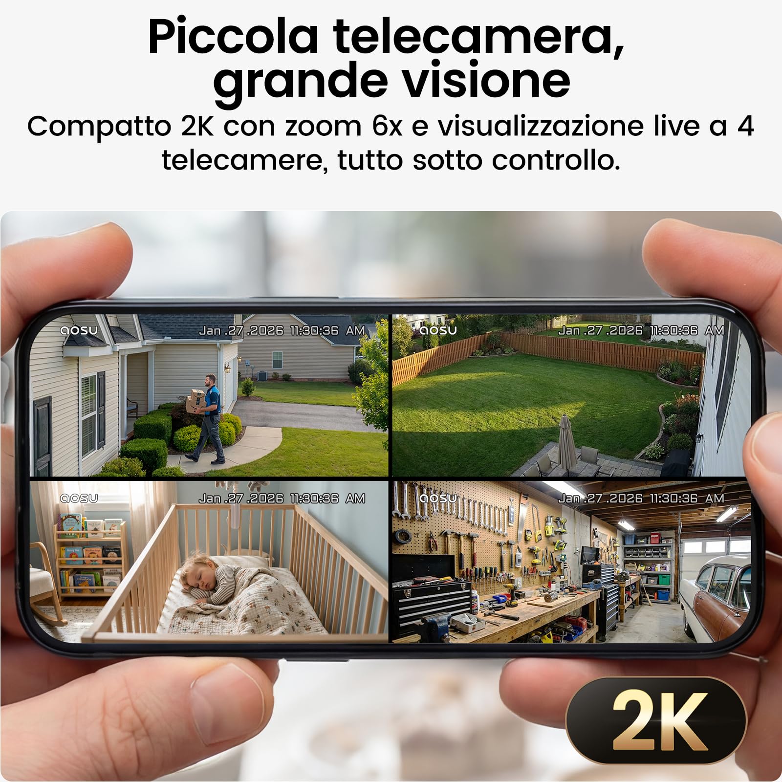 aosu Cámara de Vigilancia 2K Exterior e Interior Kit 4 Cámaras con Aosubase 2.0 Sin Suscripción 32GB Almacenamiento Local Cámara Inalámbrica Sensor PIR Alarma Luz Audio Bidireccional Visión Nocturna