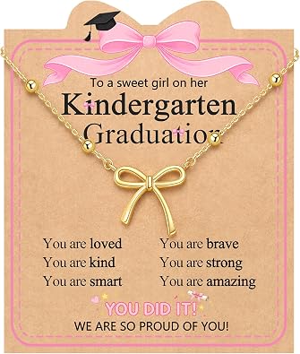 UNGENT THEM Cute Bow Necklace to Celebrate Girls Graduation with Love - 5th 6th 8th Grade Kindergarten Pre K Graduation Gifts for Girls with Encouraging Card