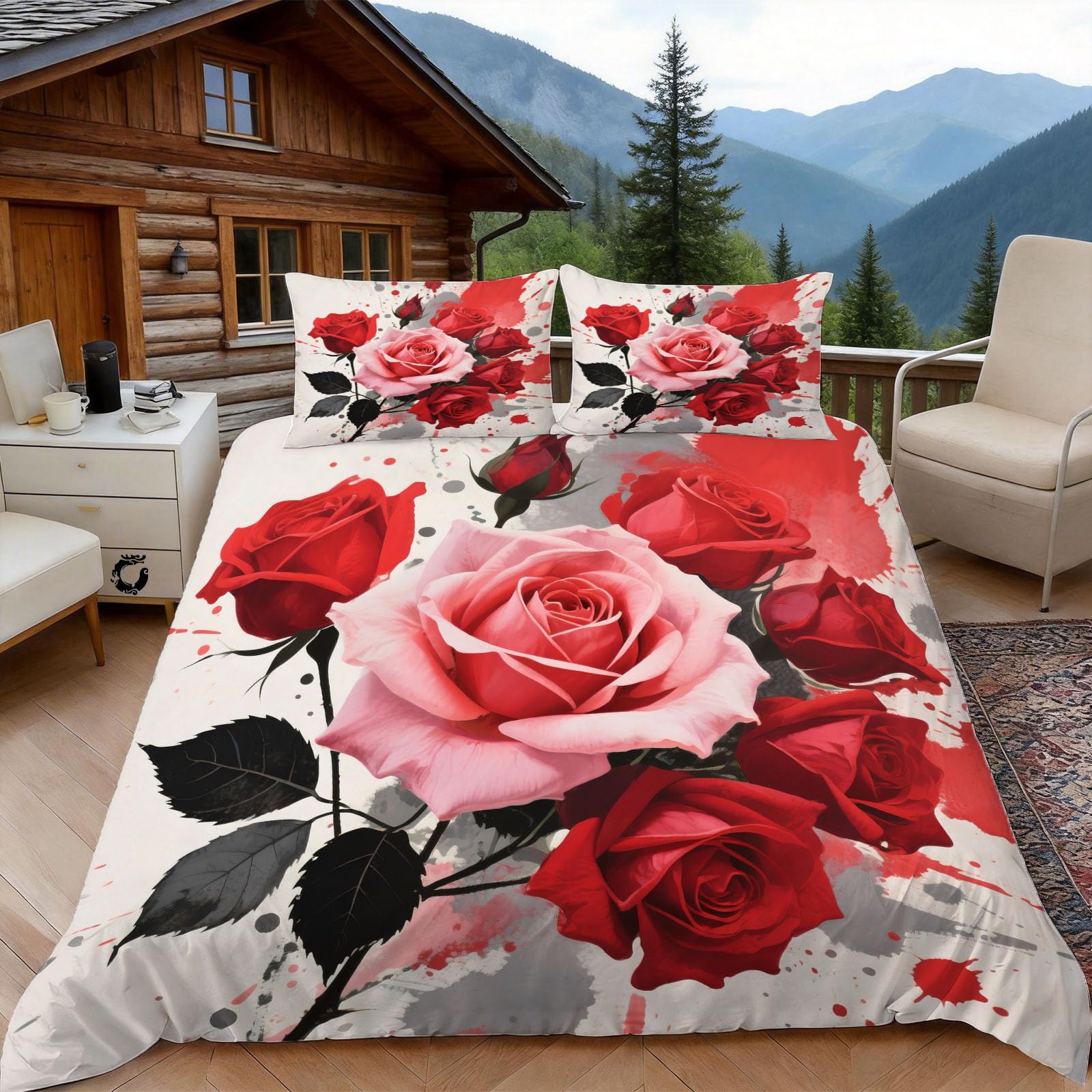 Parure de lit housse de couette 200x200 imprimé rose microfibre 2 personnes avec taies 65x65