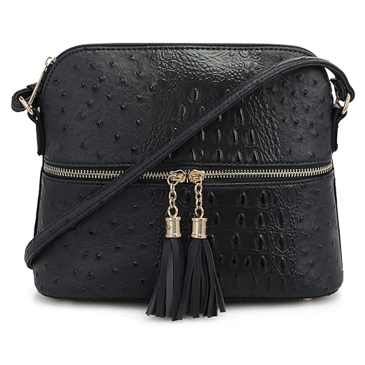 SG SUGU Crocodile Pattern Lightweight Medium Dome Crossbody Bag Shoulder Bag with Tassel | Black