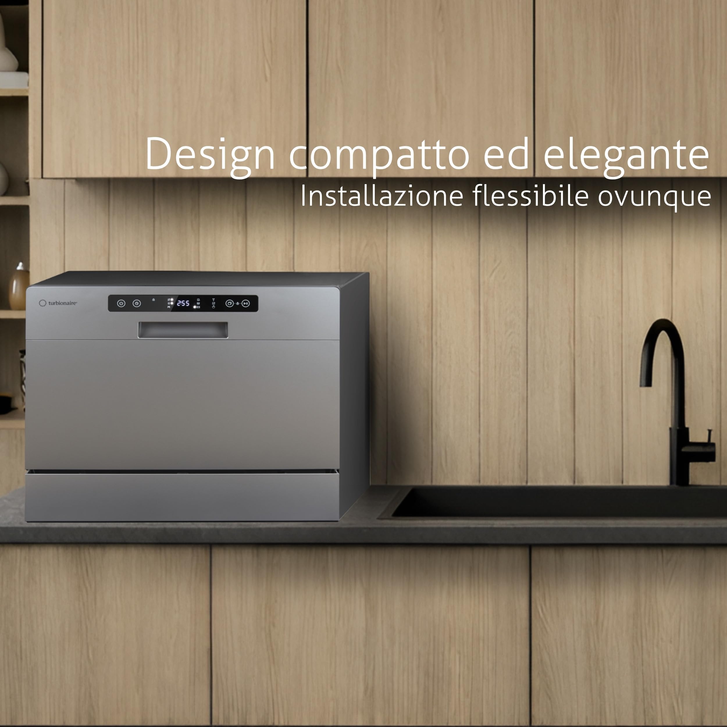 Lavastoviglie compatta Turbionaire AVA 6 TPDSAVA6CTG, 6 coperti, 6 programmi, Classe D, modalità Eco, indicatore sale e brillantante, addolcitore acqua, lavaggio 360°, Restart, 55 cm, Grigio