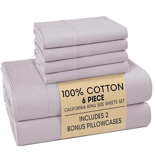 Casa Platino 100% Cotton Cal King Size Sheets – Crisp Percale Sheets Cal King with 4 Pillowcases, with 15" Deep Pocket Sheet for Secure Fit, Ultra Soft & Cozy, Excellent Quality & Fit – Grey Lavender - California King - 12: Grey Lavender