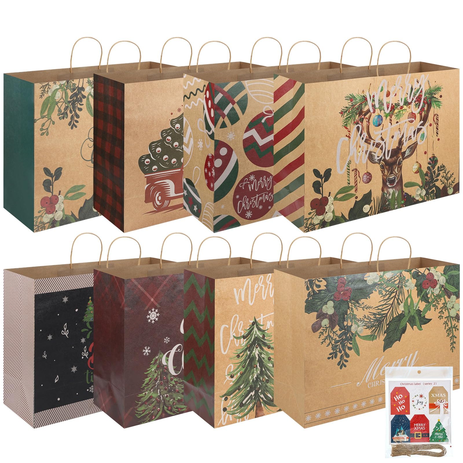 10Pcs Christmas Party Kraft Paper Gift Bags With Handles Christmas Theme Printed Goody Bags Festive Xmas Party Bags Sled