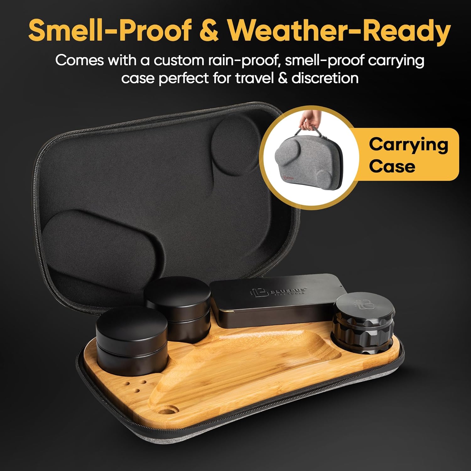 BlueBus Blaze Bamboo Wood Rolling Tray Set with Carved Compartments for Accessories, Table Tray, and Smell Proof Bag-Bamboo Wooden Rolling Tray-Large Rolling Trays Rolling Set(No Ashtray, No Lamp)