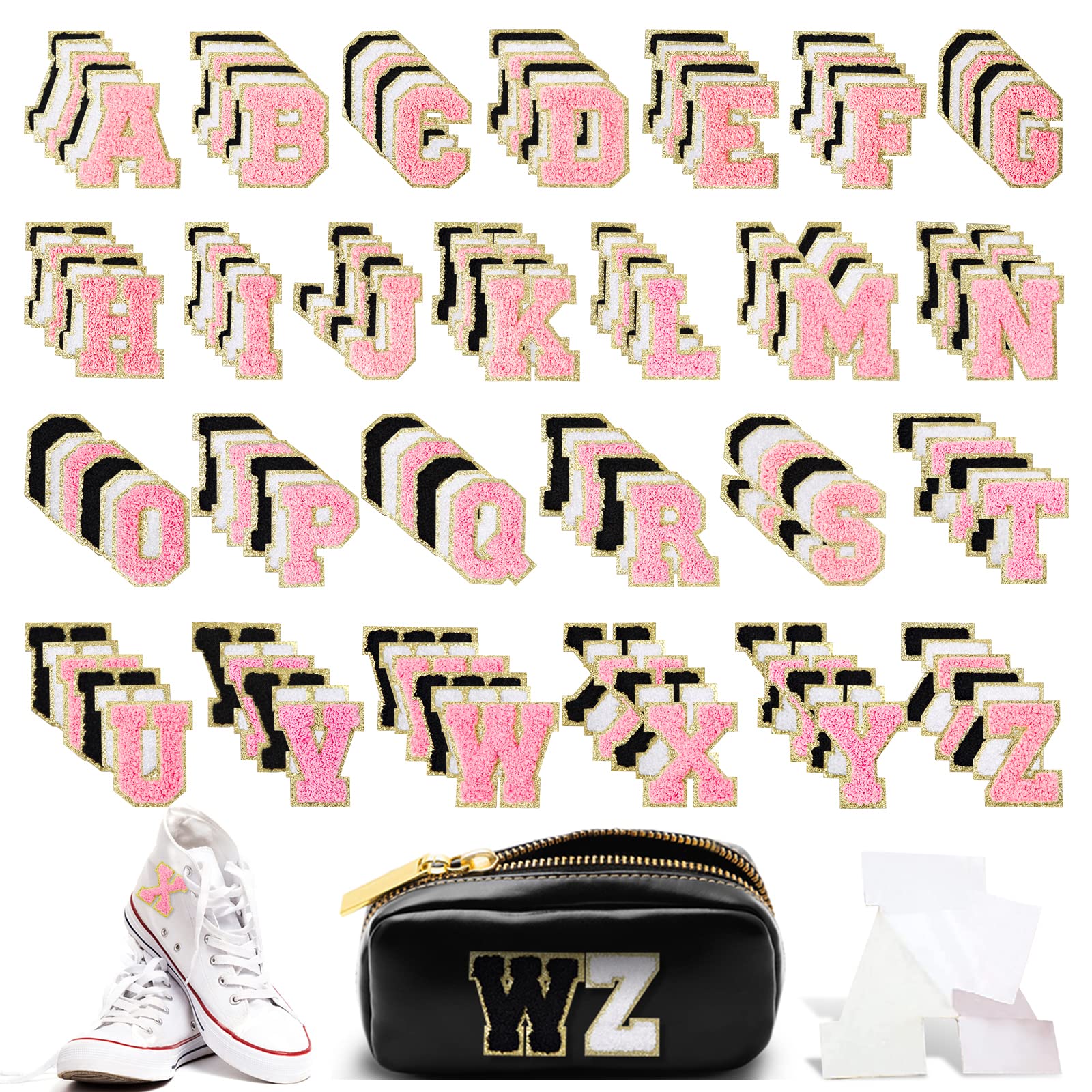 156 Pieces Chenille Letter Patches Self-Adhesive A-Z Stony Clover Preppy Varsity Letters for DIY Phone Bags Backpacks Hats (Pink, White, Black)