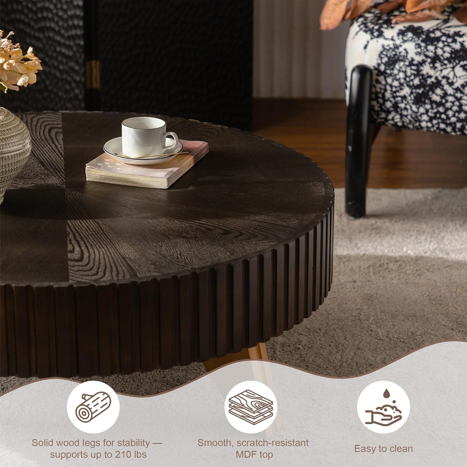 Round Coffee Table, Modern Wooden Coffee Table with Solid Wood Veneer, Circle Accent Tea Table for Living Room, Small Space Apartments & Offices, Brown (35.4" D x 35.4" W x 15.7" H)