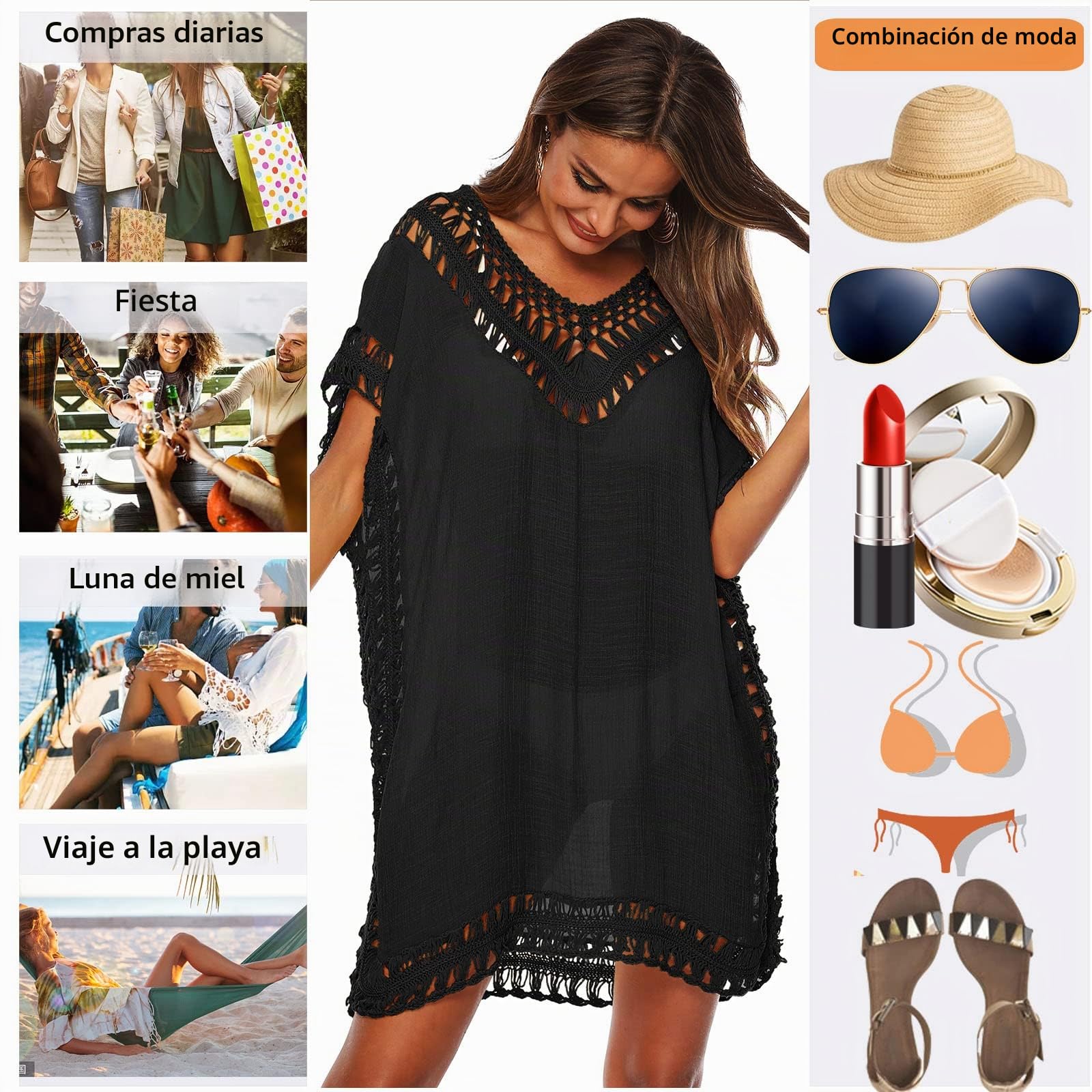 Baynetin Vestido de Playa para Mujer- Cuello en V, Manga Corta, Pareos y Camisola de Playa Sexy Hueco Traje de Baño Punto Bikini Cover up