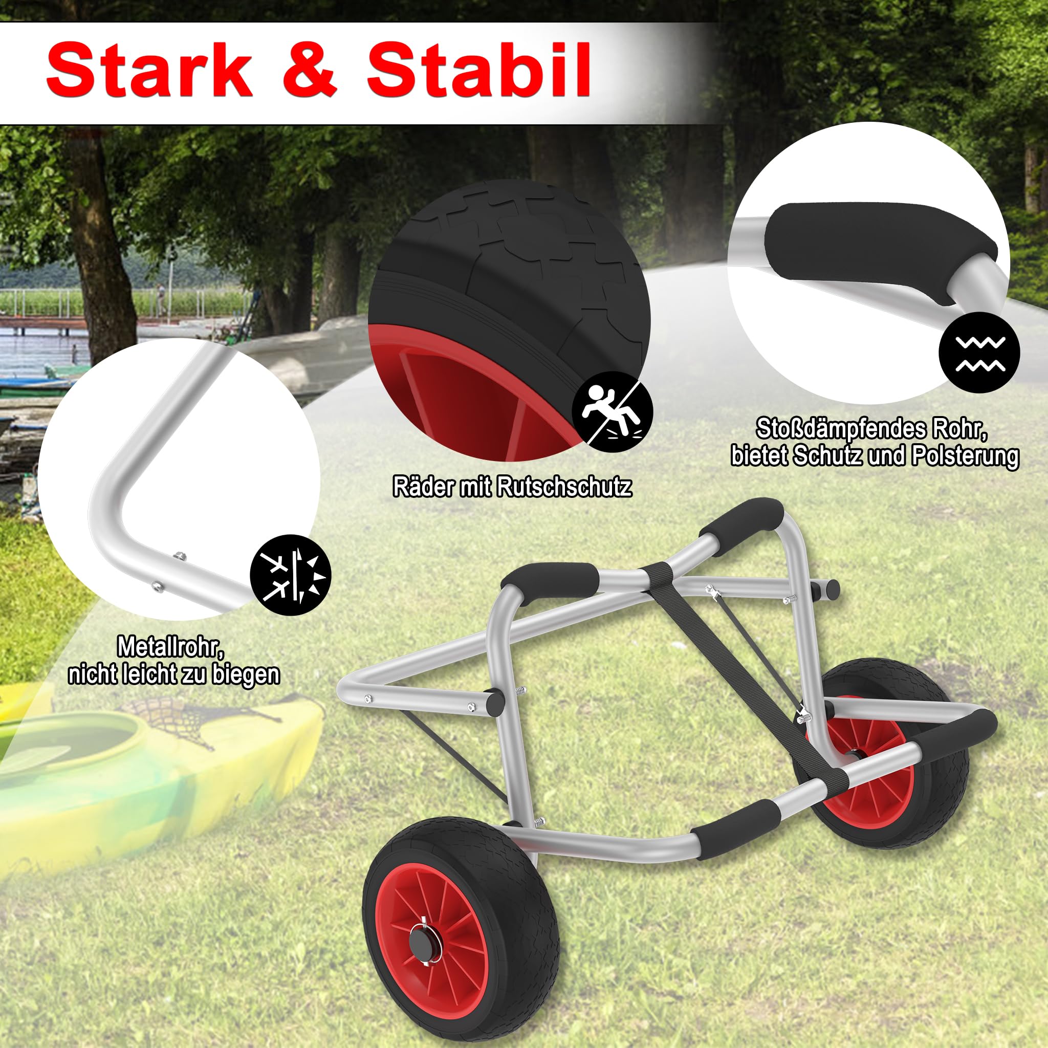 Kanuwagen Faltbarer Alu Kajakwagen SUP Transportwagen mit 2 PU-Räder & Spannriemen bis 100 kg Bootstrailer Trolley,ideal für Boote Kanu Kajak Surfboard Faltboot