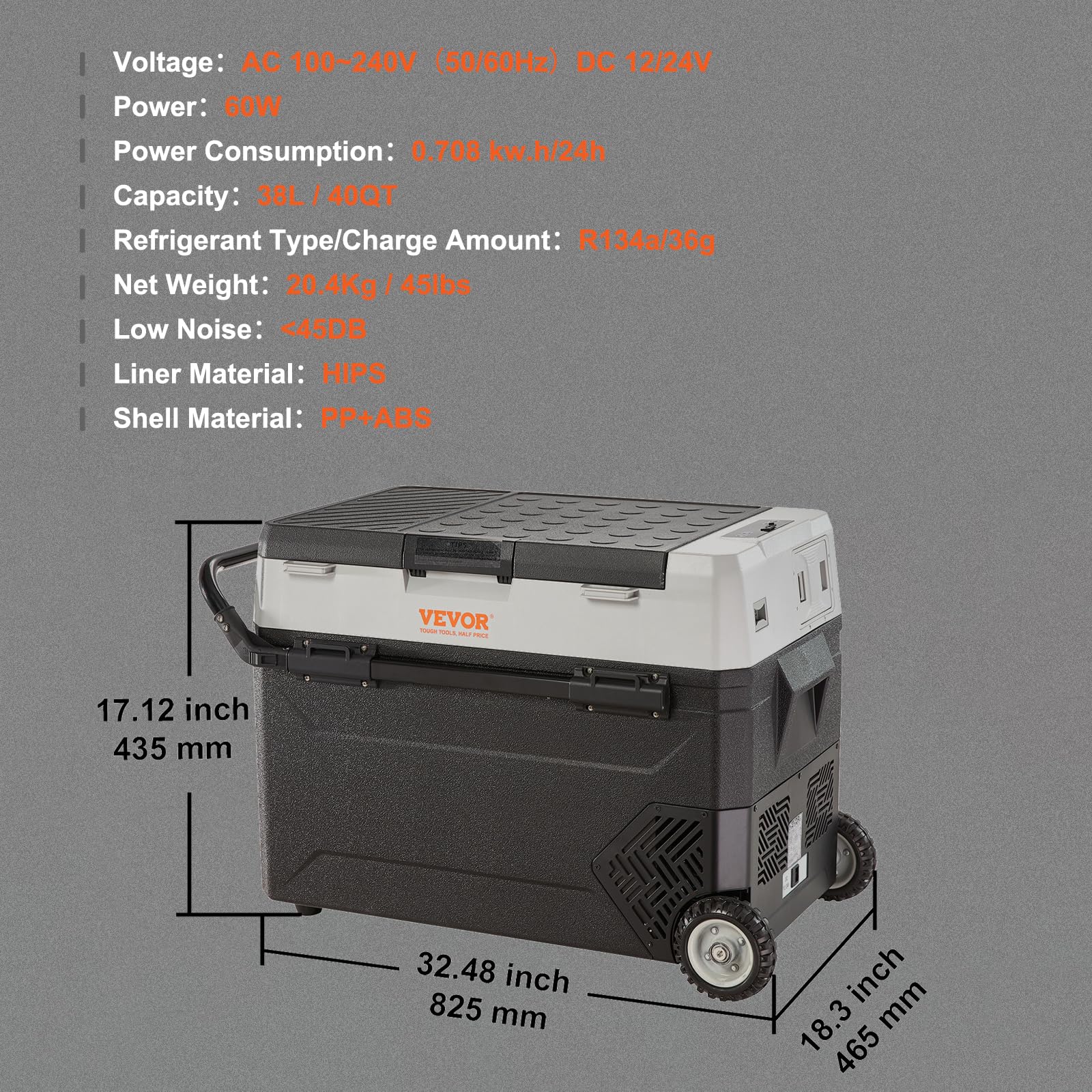 VEVOR Glacière Électrique Portable de 38 L Réfrigérateur de Voiture Portable 12/24 V CC 100-240 V CA Frigo Voiture Double Zone 0,708 kW.h -20 °C à 10 °C Réglable Congélateur pour Camion Bateau Camping