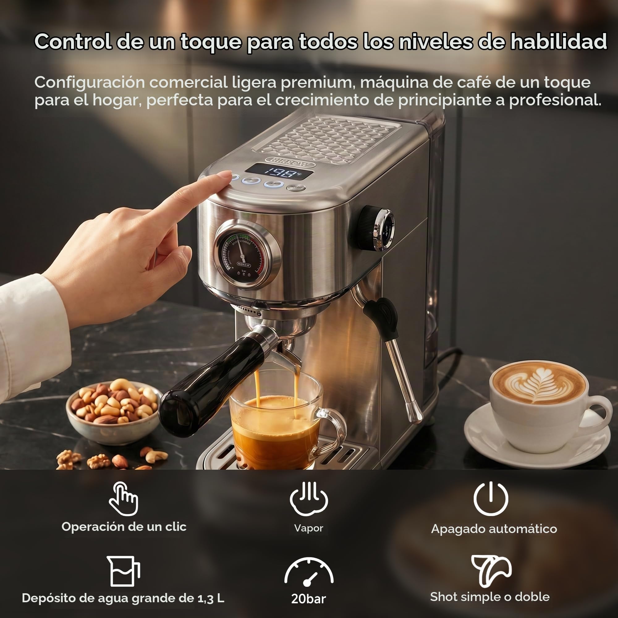 HIBREW H10B Máquina de Espresso Programable con Pantalla LED y Manómetro | Cafetera Compacta de Acero Inoxidable 20 Bar con Espumador de Leche, Portafiltro 51mm para Capuchino y Latte