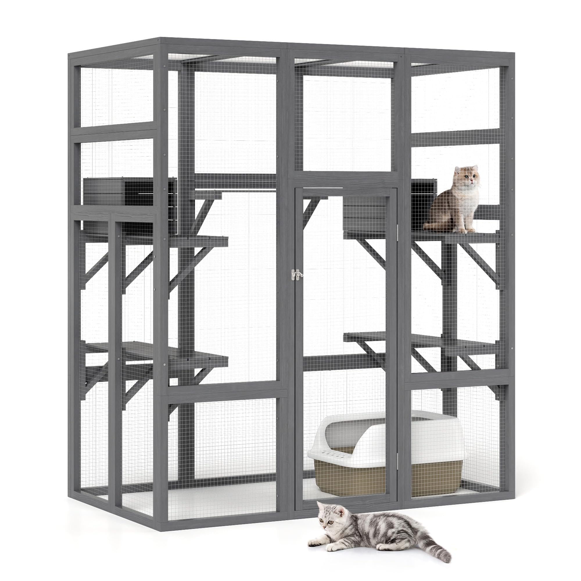 NYEEKOY 71Inches Large Wood Catio Outdoor Cat Enclosure with Perches and Condos, Cat House Indoor with Waterproof Roof, Cat Shelter 5 Platforms & 2 Resting Box, UV Resistant (Grey)