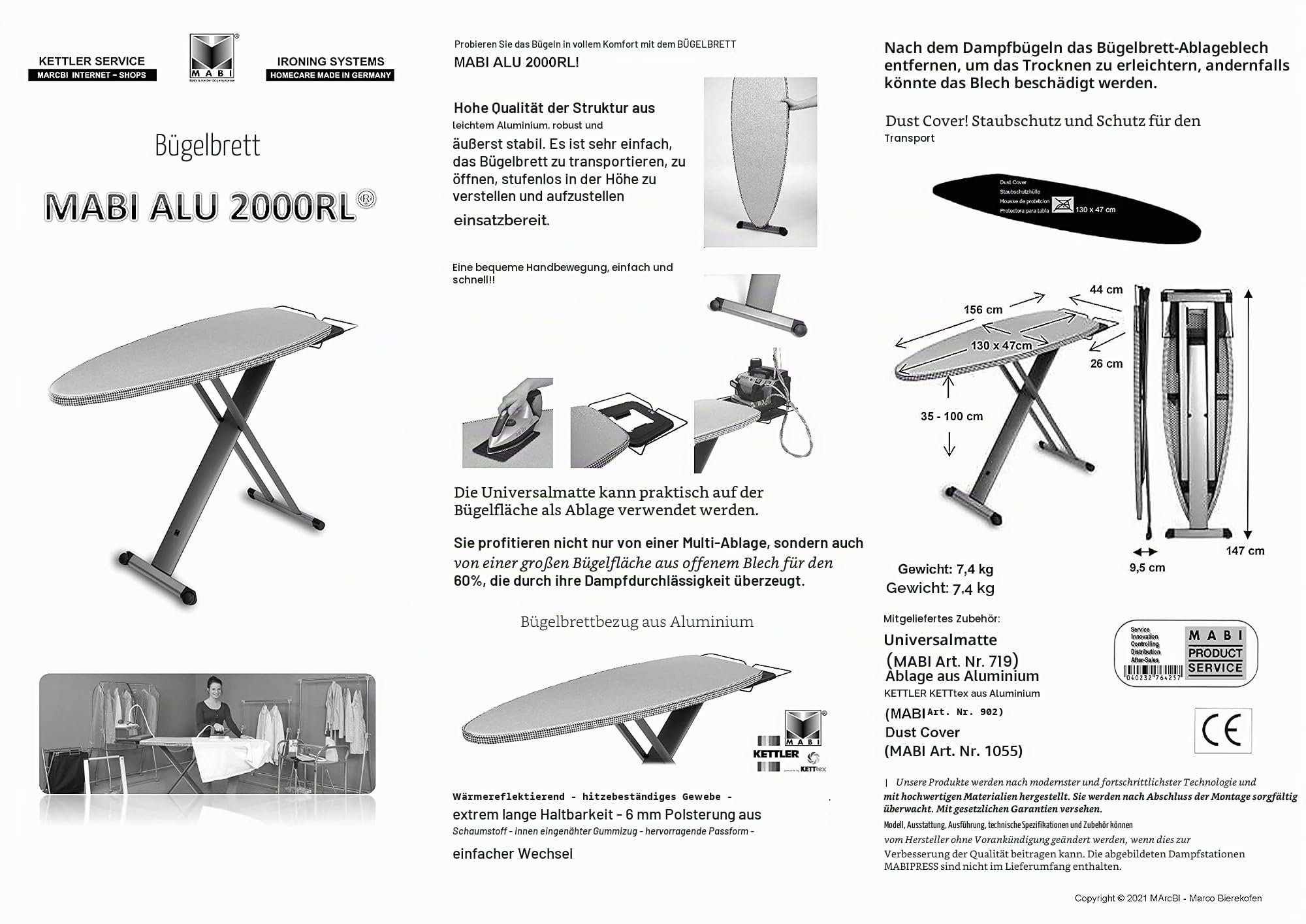 Mabi® 2000RL, Bügelcenter MABI ALU 2000RL, Höhe 30-105, große Bügelfläche 130x47, große Multiablage 31x43, KETTtex® Alubezug hoch aufgepolstert mit Gegenbügeleffekt, Stabiles Alugestell & Rollenfüße