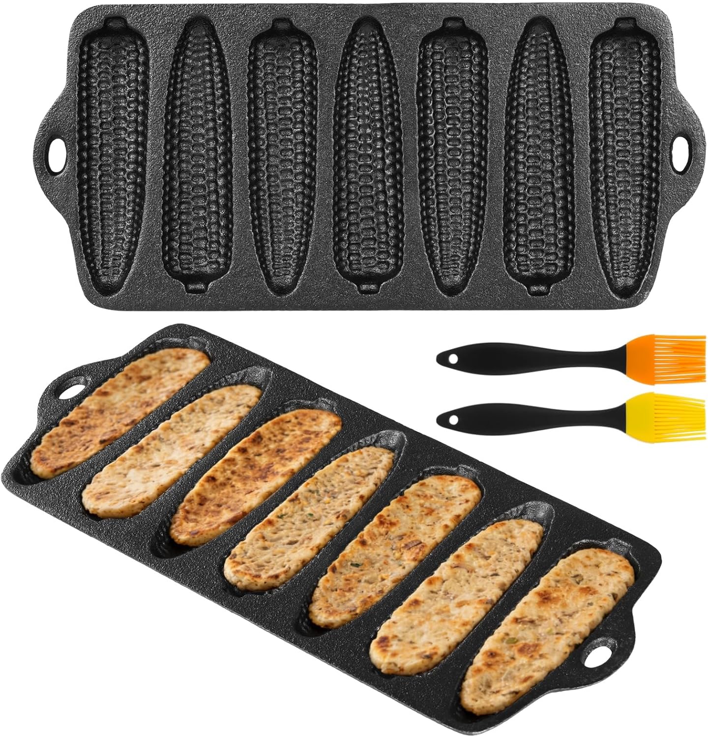 2 PCS Cast Iron Corn Stick Pans, Cornbread Mold with 7 Corn-Shaped Cavities, Pre-Seasoned Cornbread Pans with 2 Silicone Oil Brushes, Baking Pan for Oven Stove Induction Grill Campfire