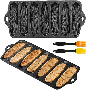 2 PCS Cast Iron Corn Stick Pans, Cornbread Mold with 7 Corn-Shaped Cavities, Pre-Seasoned Cornbread Pans with 2 Silicone Oil Brushes, Baking Pan for Oven Stove Induction Grill Campfire