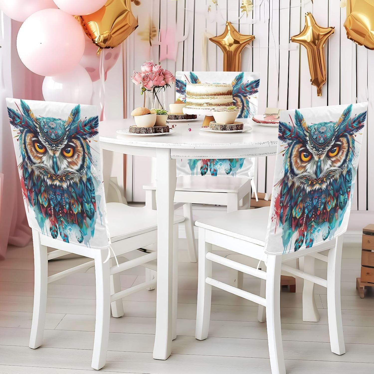 ALAZA Boho Owl with Indian Elements Chair Back Cover Set of 6, Washable Reusable Removable Chair Slipcovers Decorative Chair Cover for Home Kitchen Wedding Party