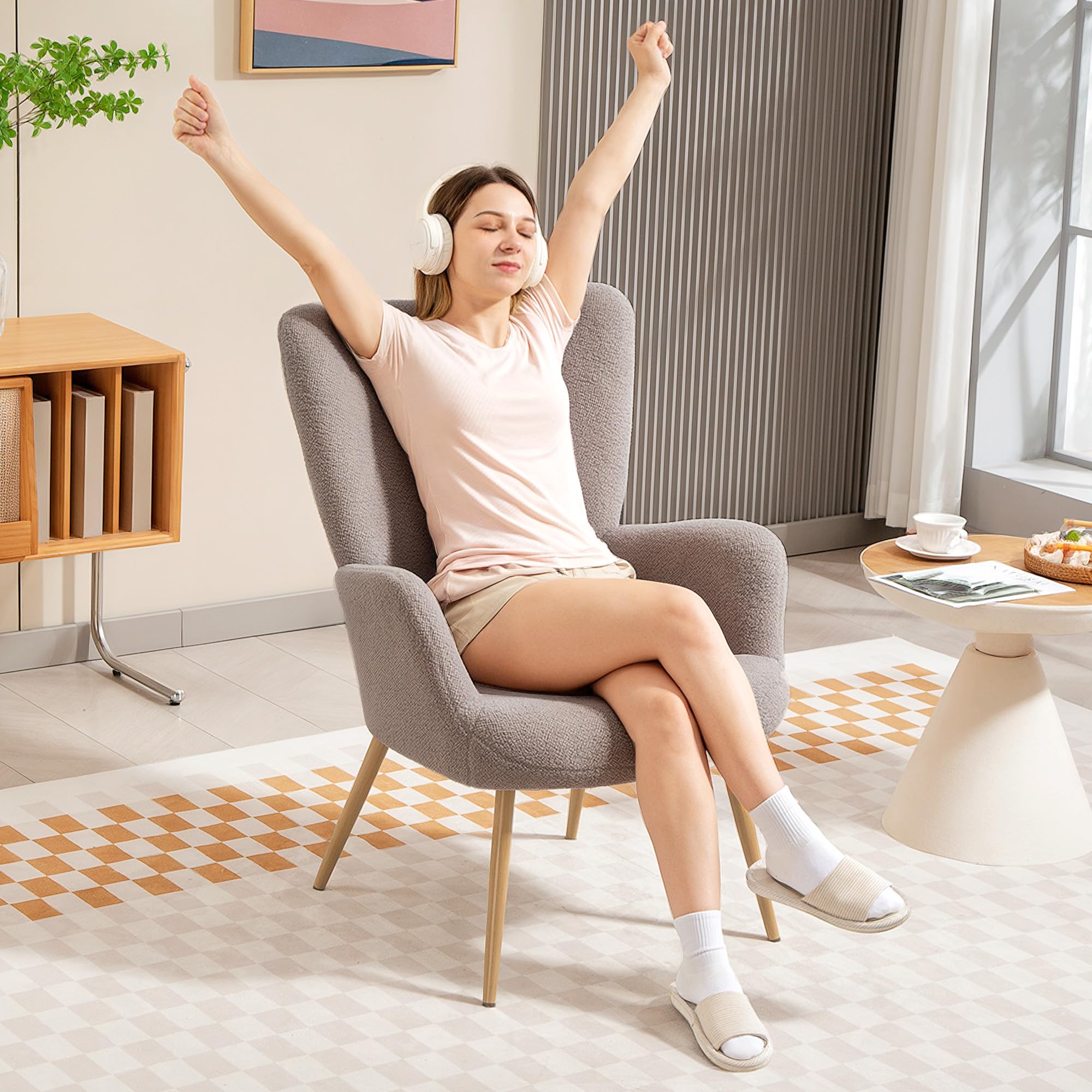 HOMCOM Sillón tapizado en Tela Boucle con Estructura de Acero Gris | Sillón de acento, respaldo alto, reposabrazos, para salón, dormitorio, rincón de lectura