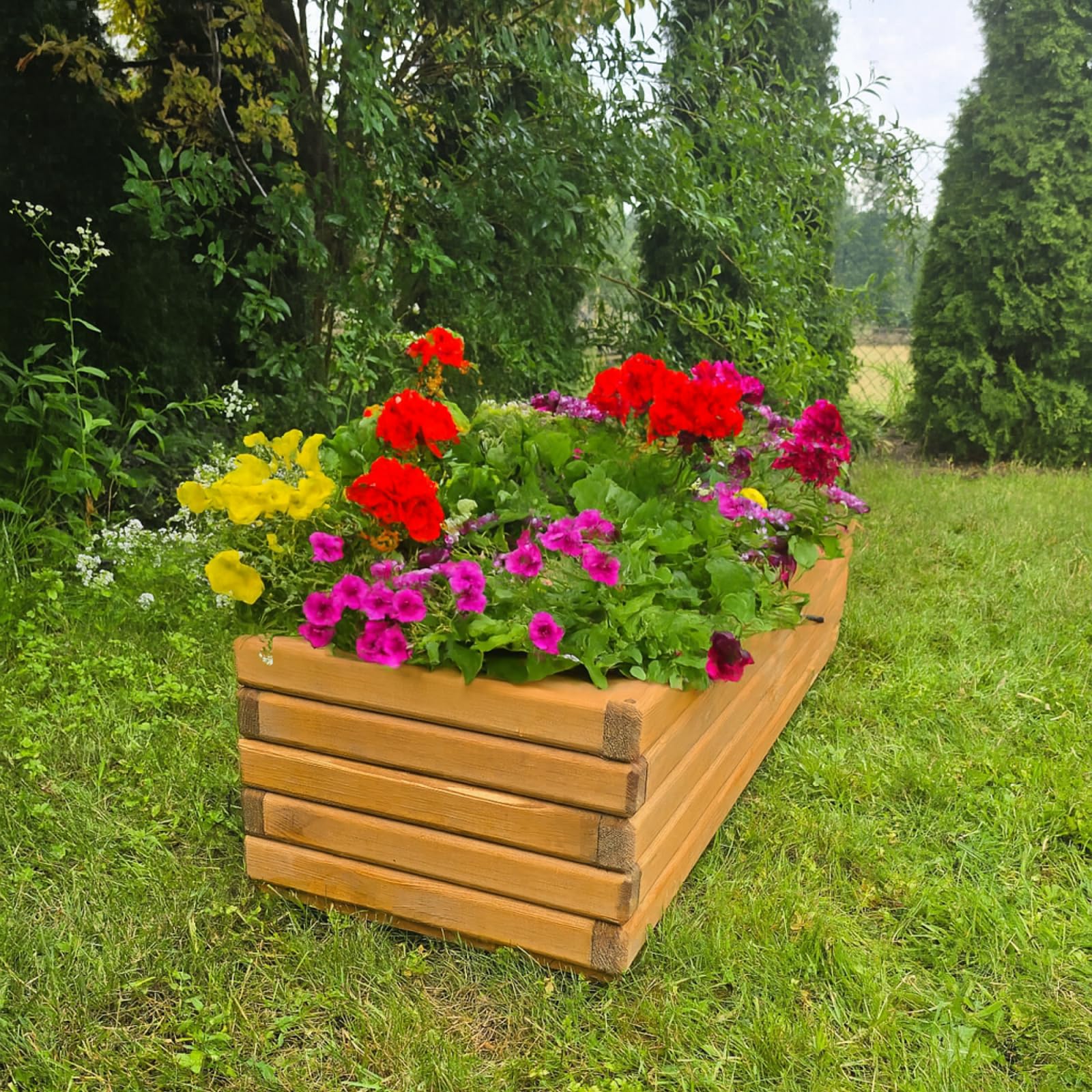 Donica Drewniana Impregnowana 118x30x40 cm Drewno Sosnowe Kolor Tek Skrzynka Na Kwiaty Zioła Balkon Taras Ogród 95L Wewnątrz Agrowłóknina