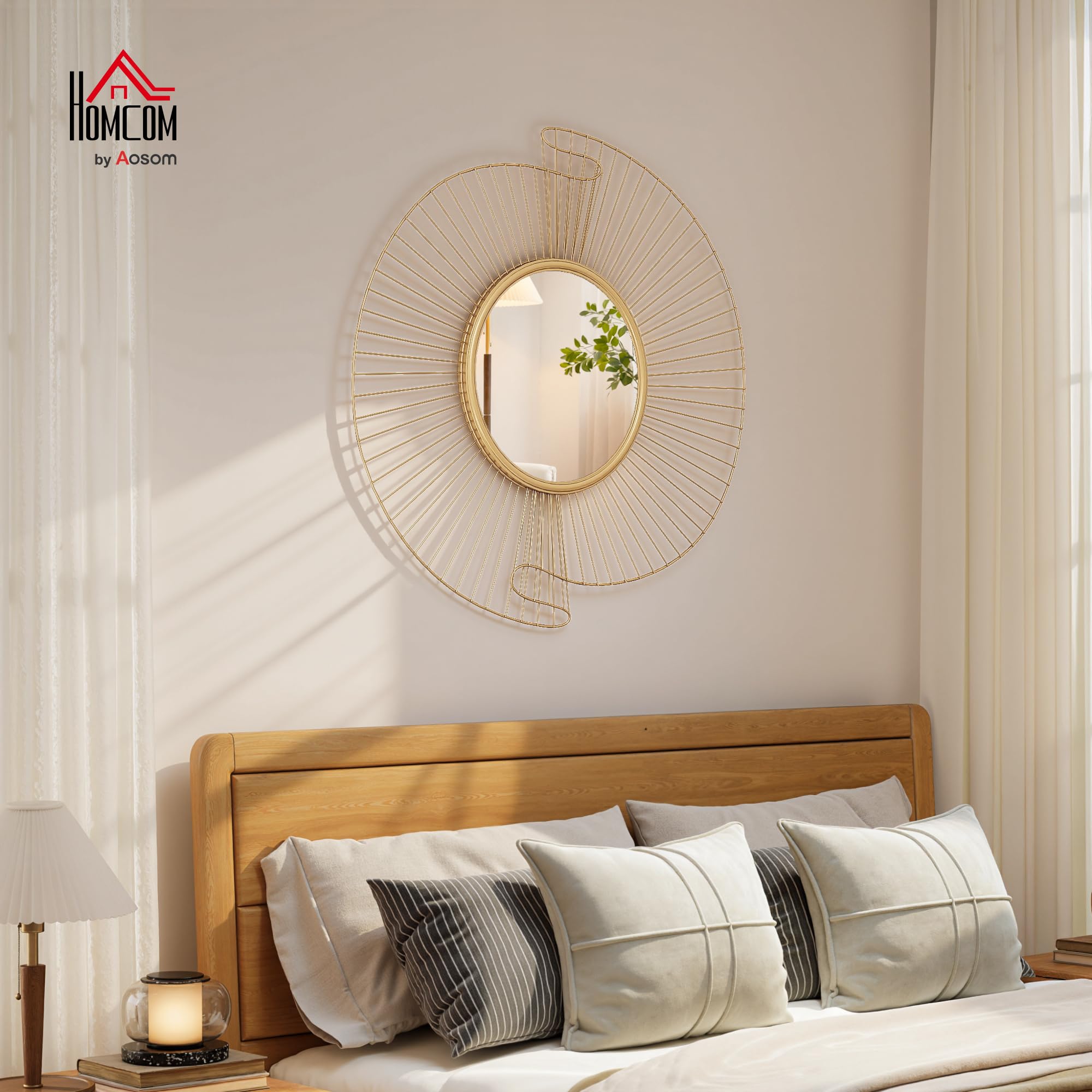 HOMCOM Decorazione Murale Specchio da Parete Rotondo, Specchiera Moderna con Strisce in Metallo e Design Plissettato, Wall Art per Soggiorno, Camera e Ingresso, 60x60 cm, Oro