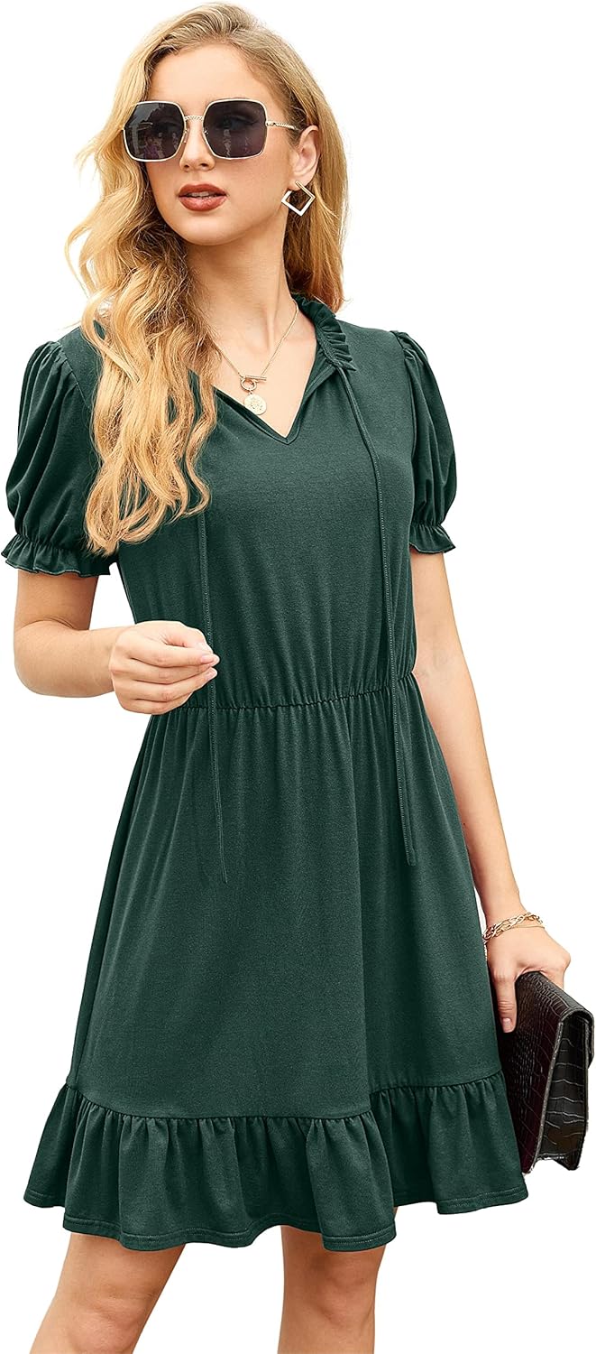 GRECERELLE Women Casual Summer Dress Tie Neck Ruffle Short Sleeve High Waist A-Line Mini Dress - Image 5