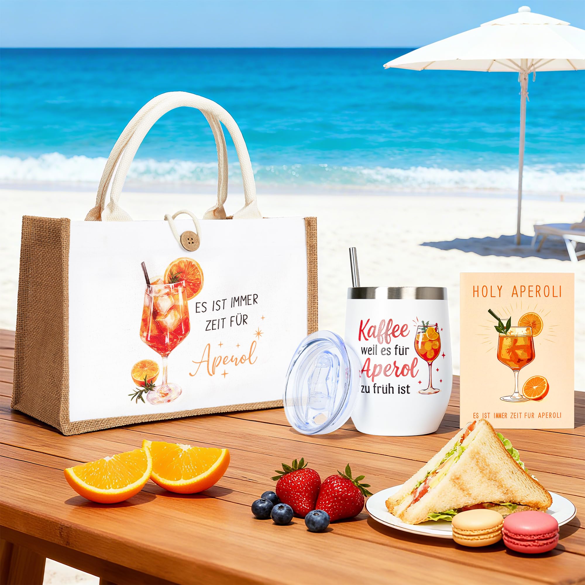 3-teiliges Spritz-Geschenkset für Apéro– Edelstahl Weinbecher 350 ml mit Deckel & Strohhalm, XXL Jute Strand-/Geschenktasche 32×22×13 cm, Premium Geburtstagskarte – Sommer, Party, Freundin, Damen