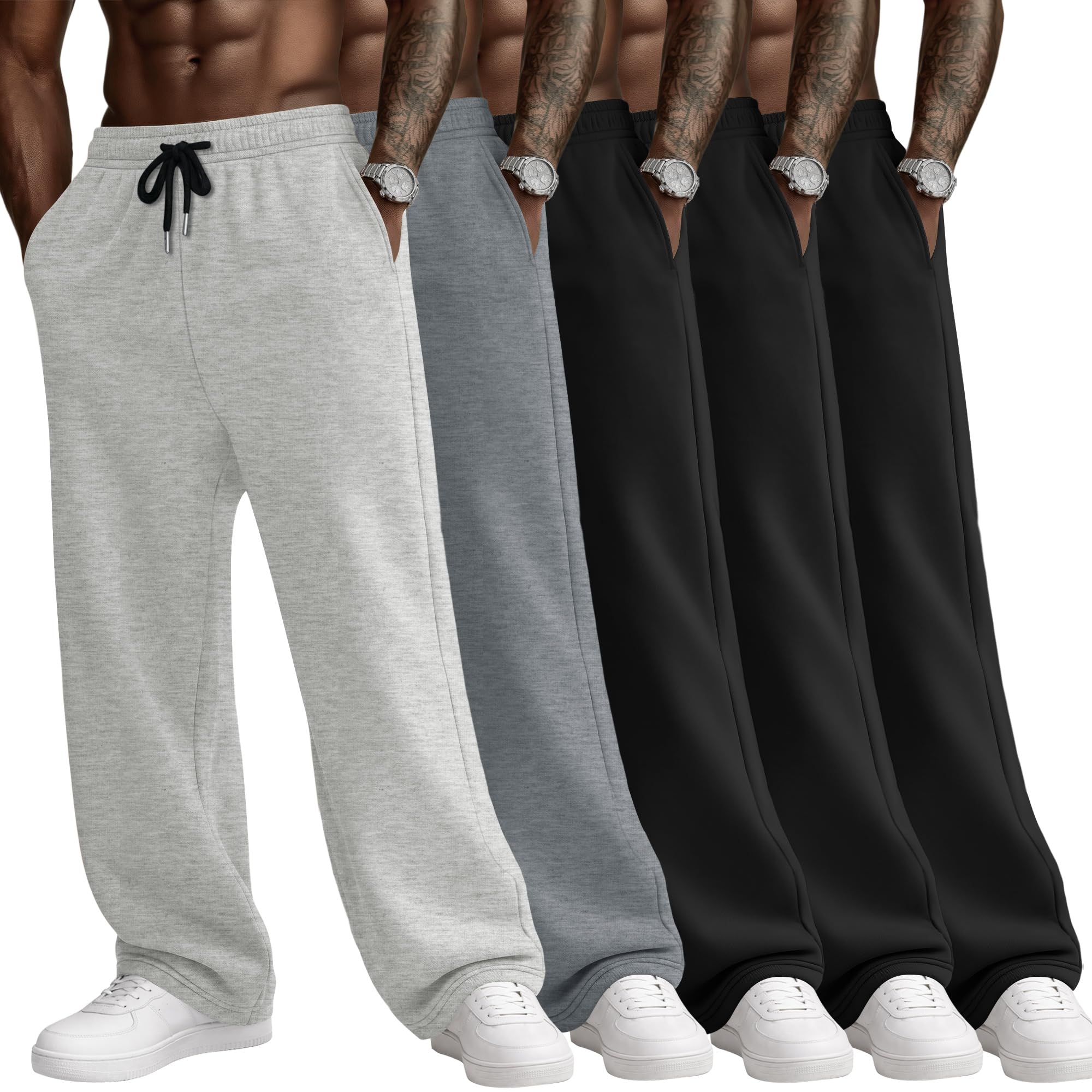 5 Pack Mens Big and Tall Sweatpants Lounge Open Bottom Sweat Pants Workout Drawstring Joggers with Pockets Black