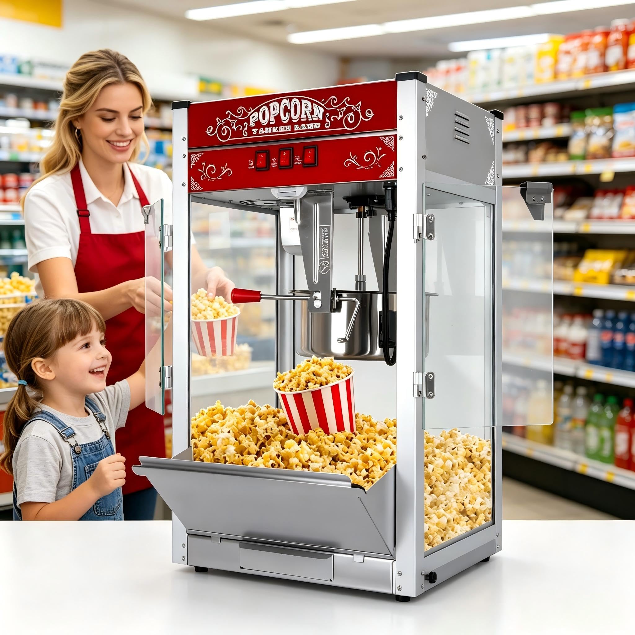 Commercial Popcorn Machine With 24 OZ Kettle, Tabletop Style, Red