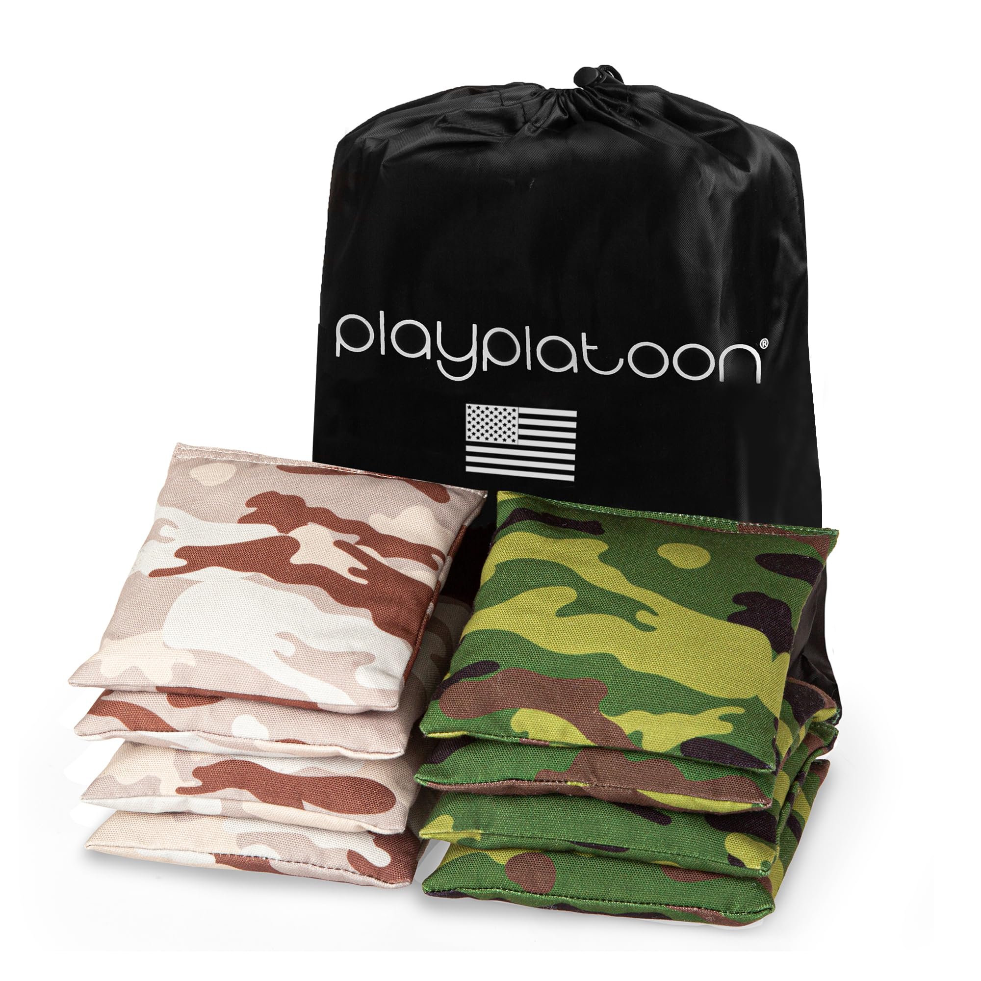 Play Platoon Weather Resistant Cornhole Bags - Set of 8 Regulation Corn Hole Bean Bags - Green Camo & Desert Camo - Durable Duck Cloth Corn Hole Bag for Tossing Game, Includes Tote Bag