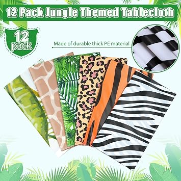 12Pack Animal Safari Tablecloth Jungle Animal Zoo Theme Party Table Cloth Leopard Tiger Zebra Giraffe Palm Leaf Print Table Cover for Rainforest Birthday Baby Shower Party Decorations (Six Styles)