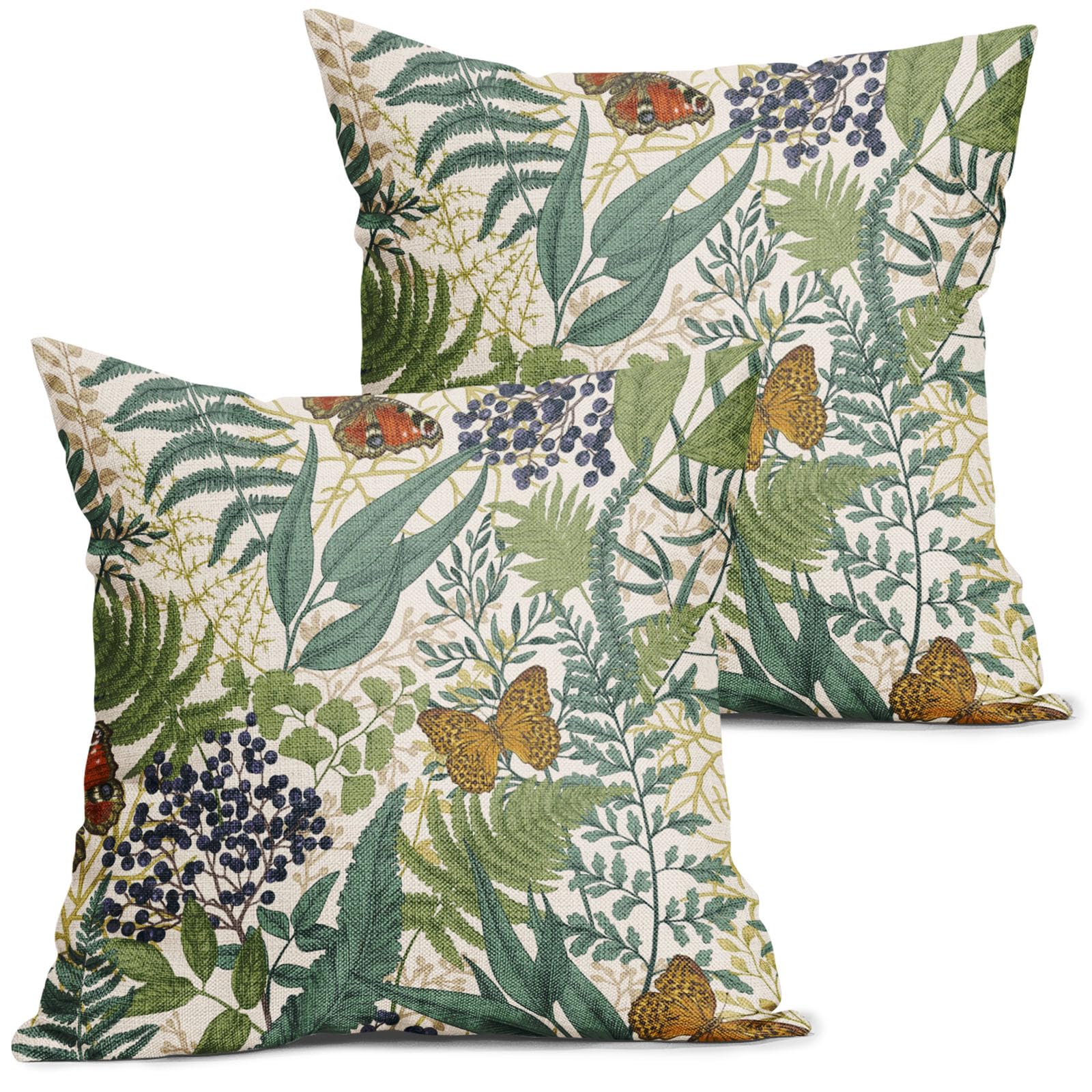 aportt Spring Summer Leaf Pillow Covers 18X18 Inch Flowers Butterfly Green Leaves Decorative Pillow Cases Ferns Plant Throw Pillows Set of 2 Seasonal