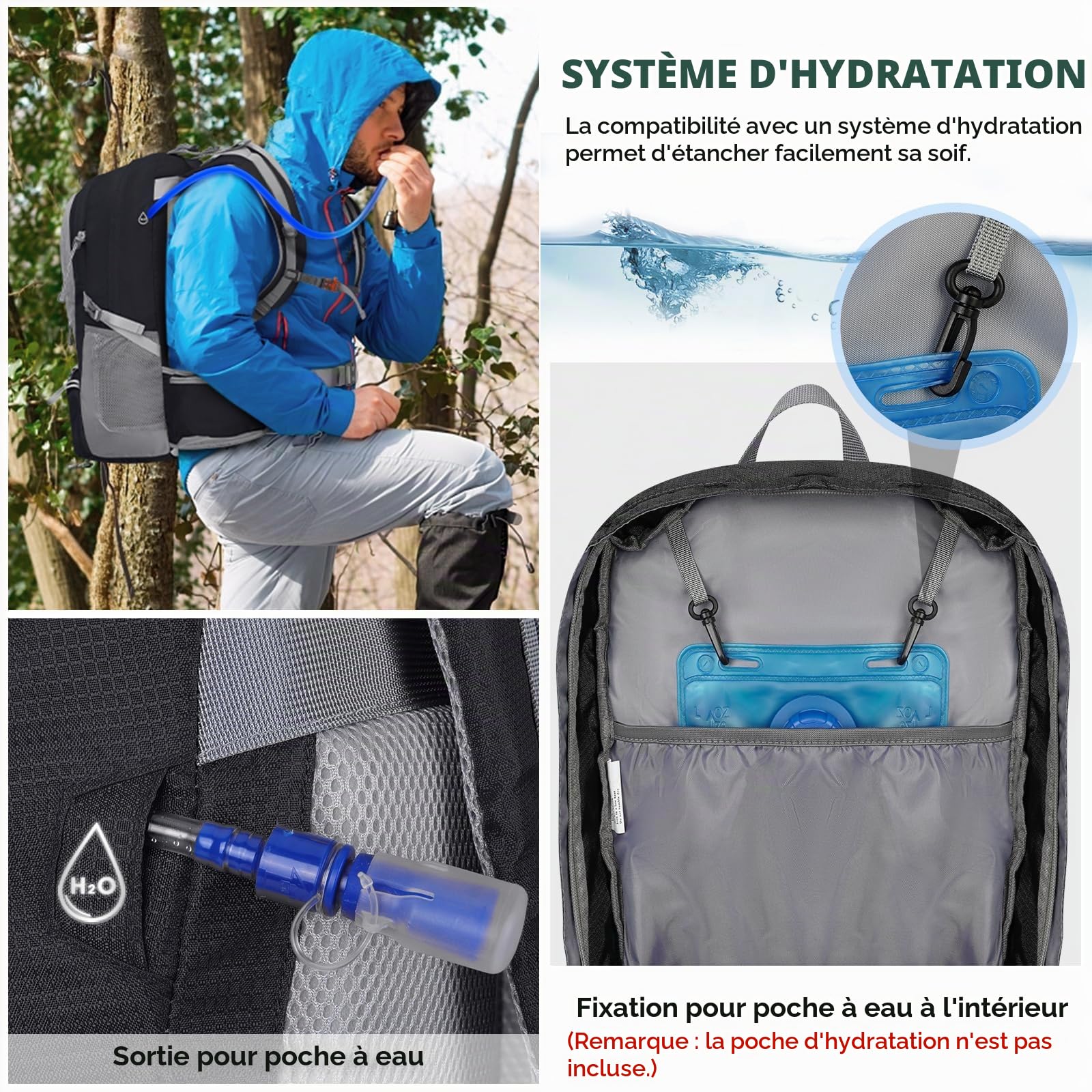 NUBILY Sac à Dos de Randonnée Homme Femme Imperméable 50L Sac de Jour Élégant Outdoor Camping Sac à Dos Voyage Léger Noir