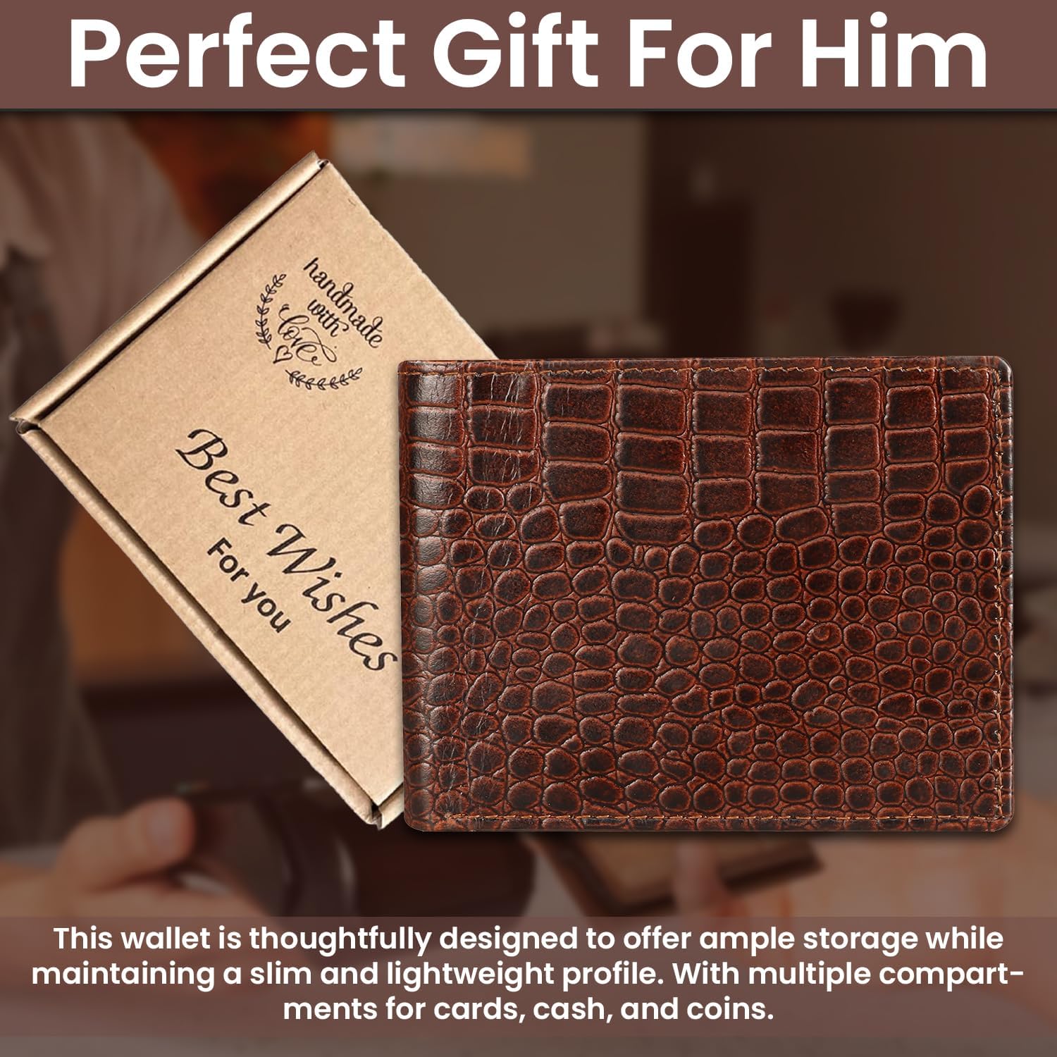 Men’s Leather Wallet RFID Blocking Slim Bifold Wallet for Men with 9 Card Slots, 1 ID Window, 2 Hidden Pockets, Zip Coin Pocket & 2 Cash Compartments Stylish Brown Crocodile Pattern - Image 5