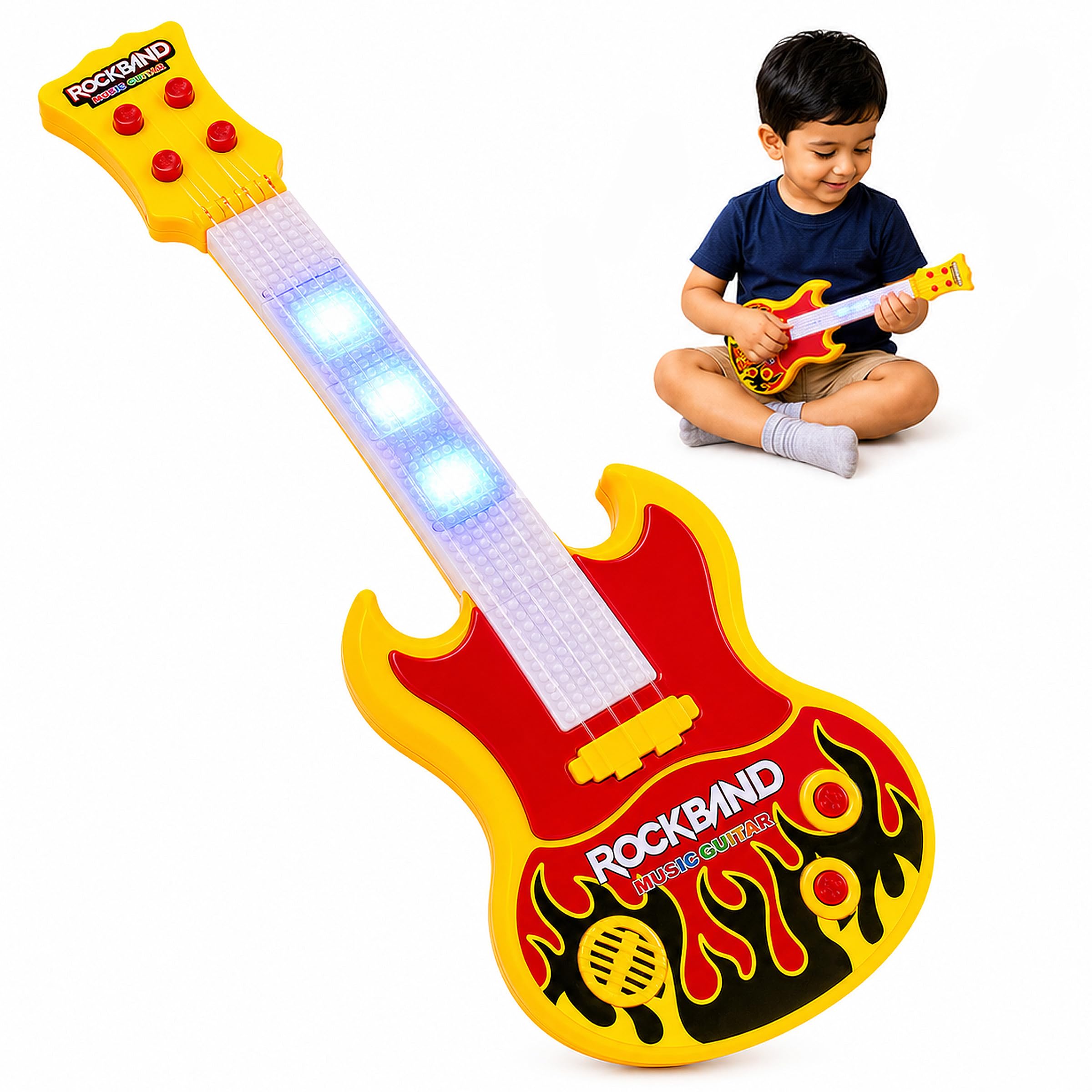 Toyshine Guitar Toy, 17 Inches, Battery Operated with Music and Lights, Red Yellow-image-6