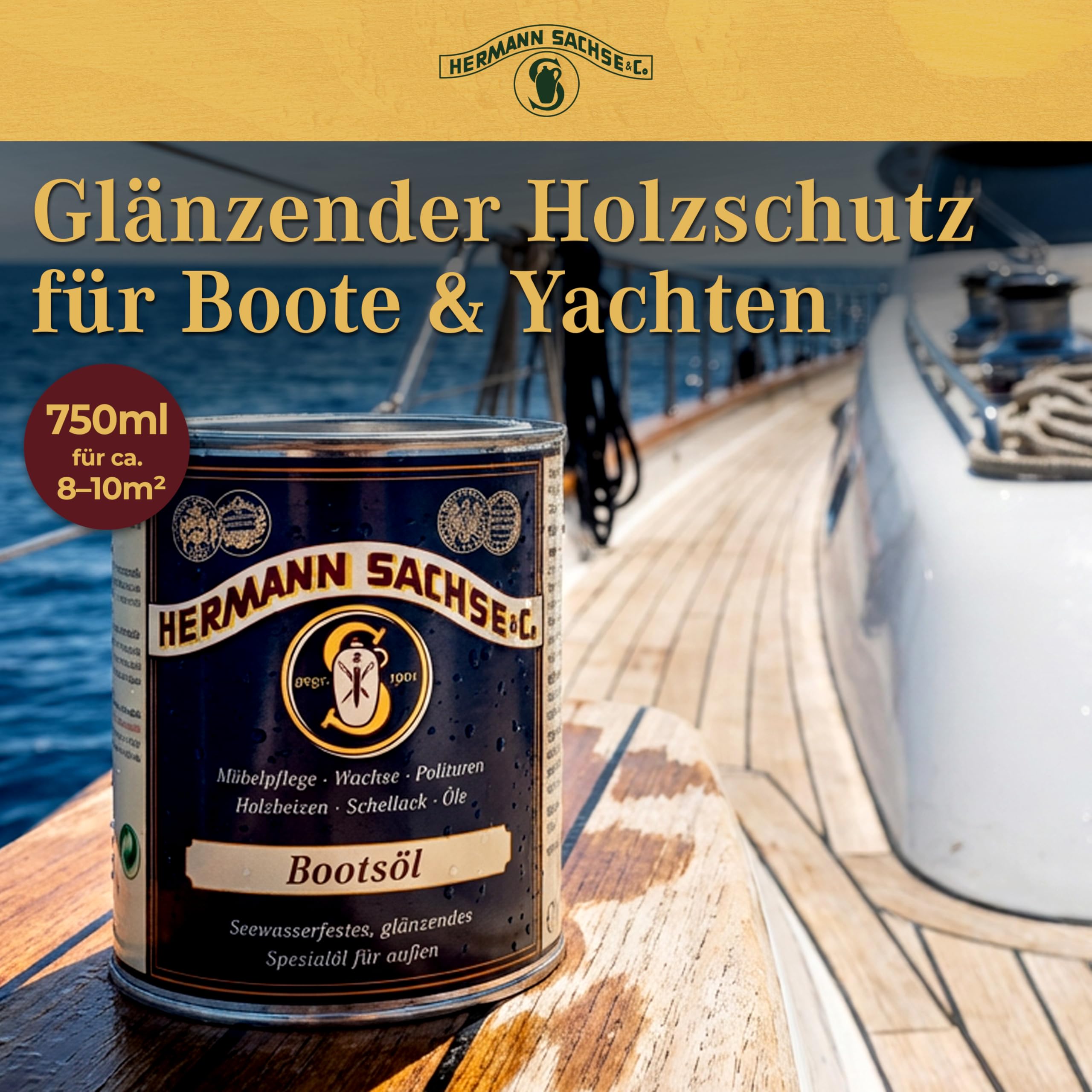 Hermann Sachse Yacht- und Bootsöl farblos - 750ml - Pflegeöl für Dein Boot - witterungsbeständiges, glänzendes Holzöl - Effektiver Holzschutz - Langanhaltendes Pflegeöl für Außen - Made in Germany