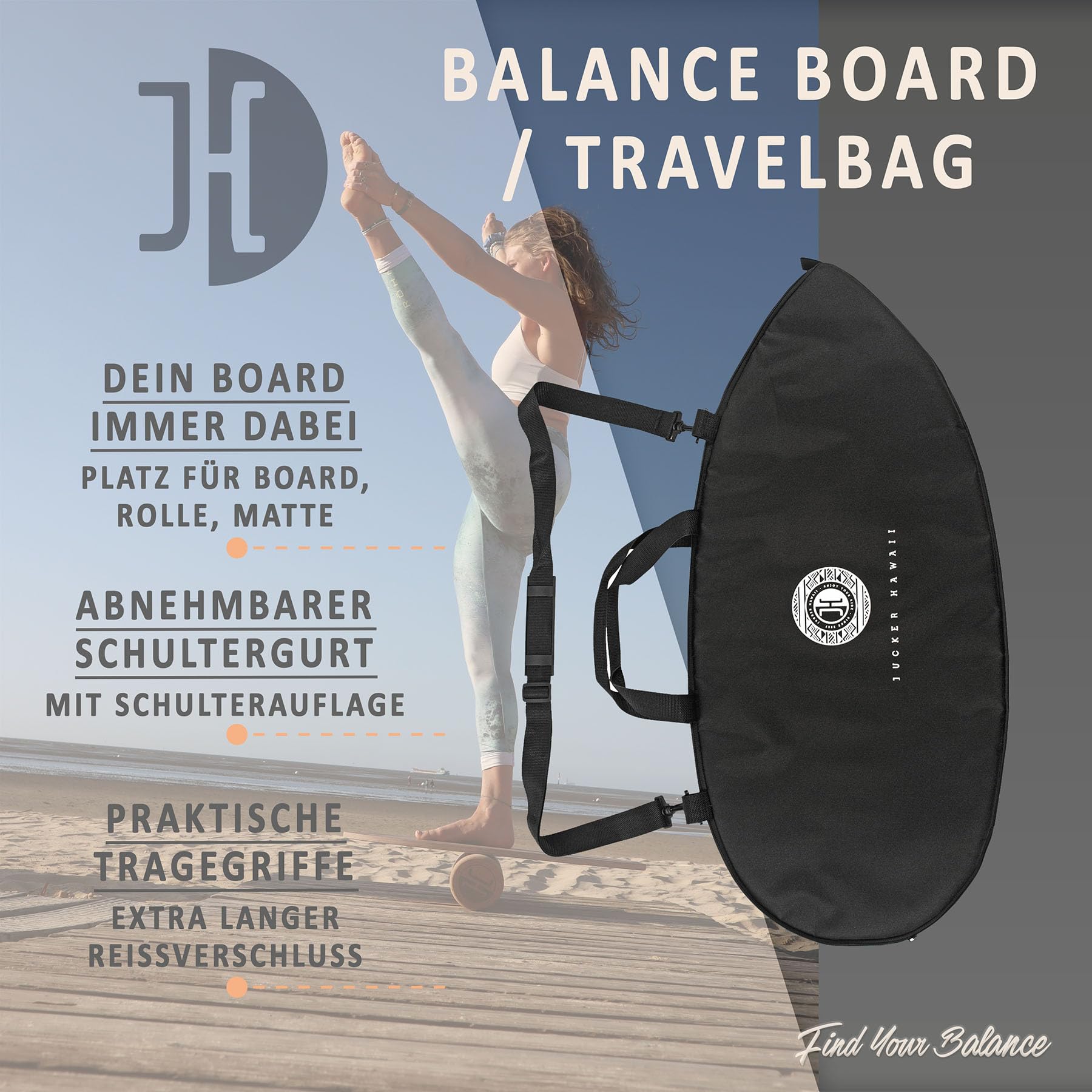 JUCKER HAWAII Balance Board Tasche - Passend für alle Balance Boards bis 87 x 39 cm in entsprechender Form, Rolle Tasche für Board, Rolle und Matte - Board Bag mit praktischem Schultergurt