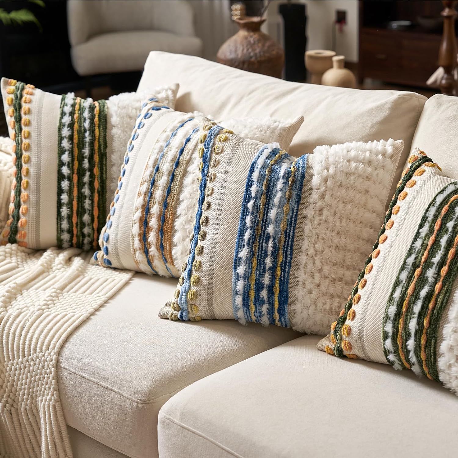 Aeckself Boho Chenille Tufted Throw Pillow Covers 18x18 Inch Set of 2, Farmhouse Decorative Striped Square Pillow Covers Accent Neutral Pillowcase for Living Room Couch Bed, Green