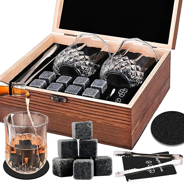 MEEQIAO Whiskey Stones and Glasses Gift Set for Men, 8 Granite Whiskey Stones + 2 Crystal Whiskey Rock Glasses & Velvet Bag, Father's Day/Christmas/Birthday Gift/Present for Father Dad Boyfriend