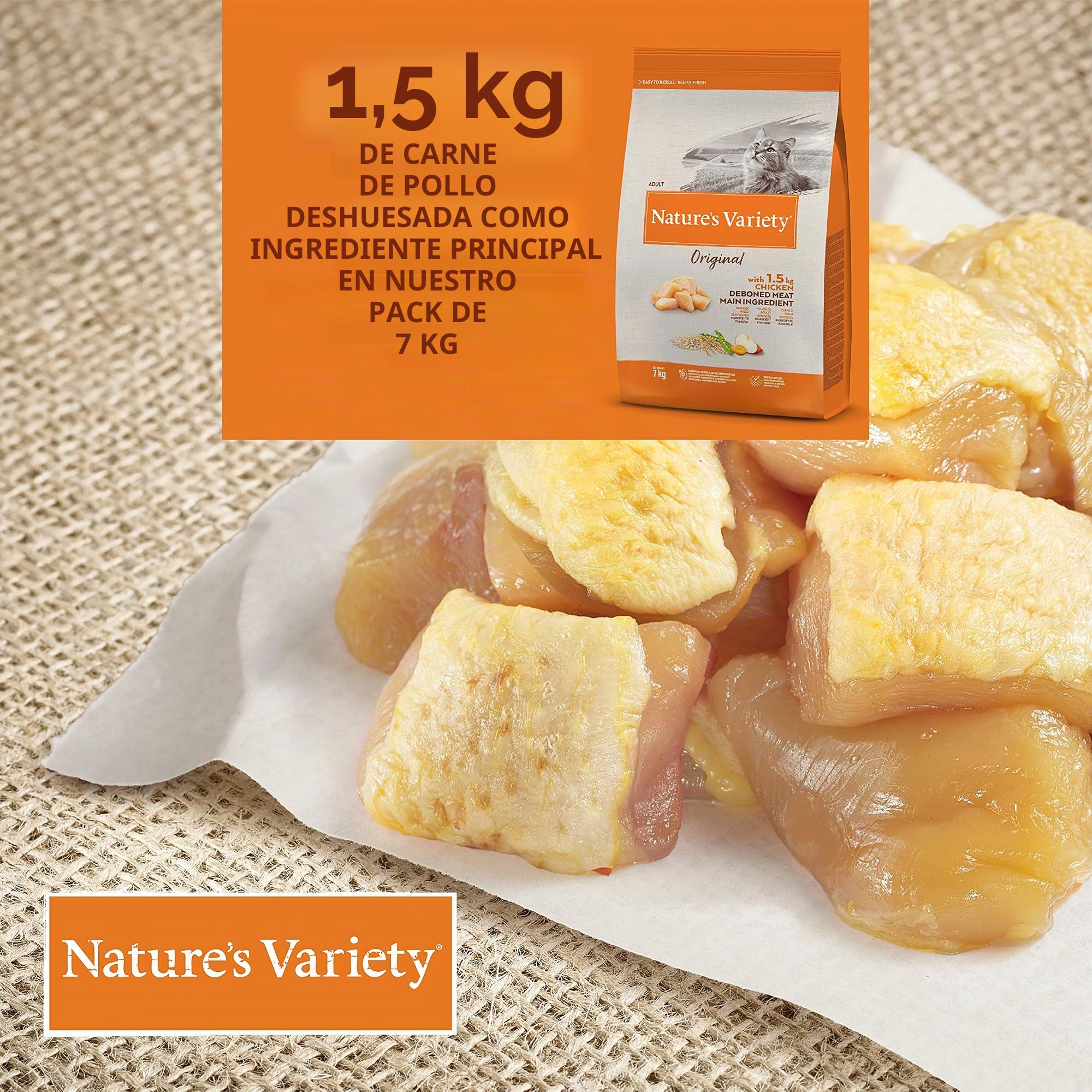 Nature's Variety Original, Pienso para Gatos Adultos con Pollo Deshuesado, 7kg & Original, Pienso para Gatos Adultos Esterilizados con Salmón sin Espinas, 7kg
